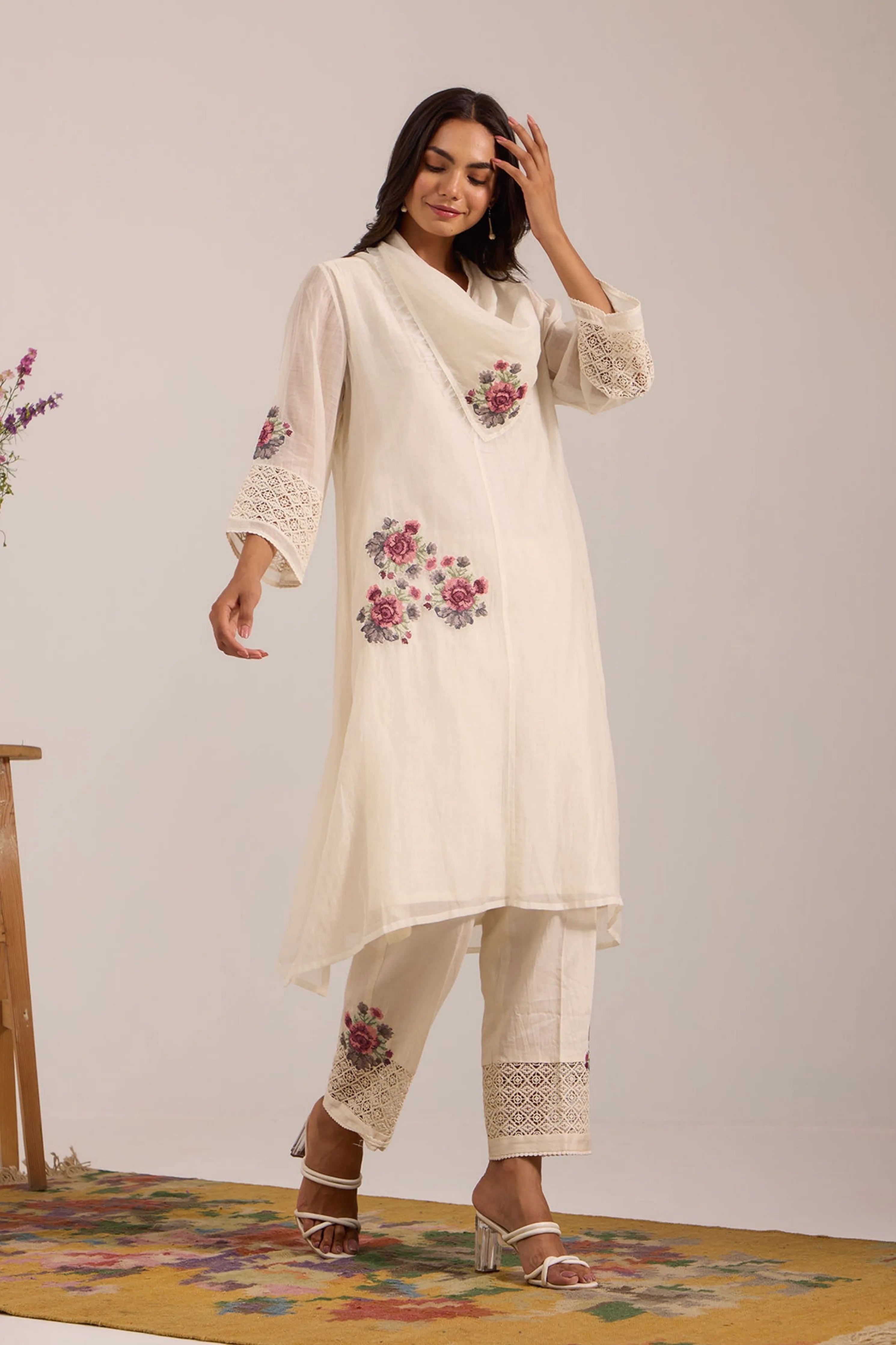 Off White Cowl Collar Long Kurta Set