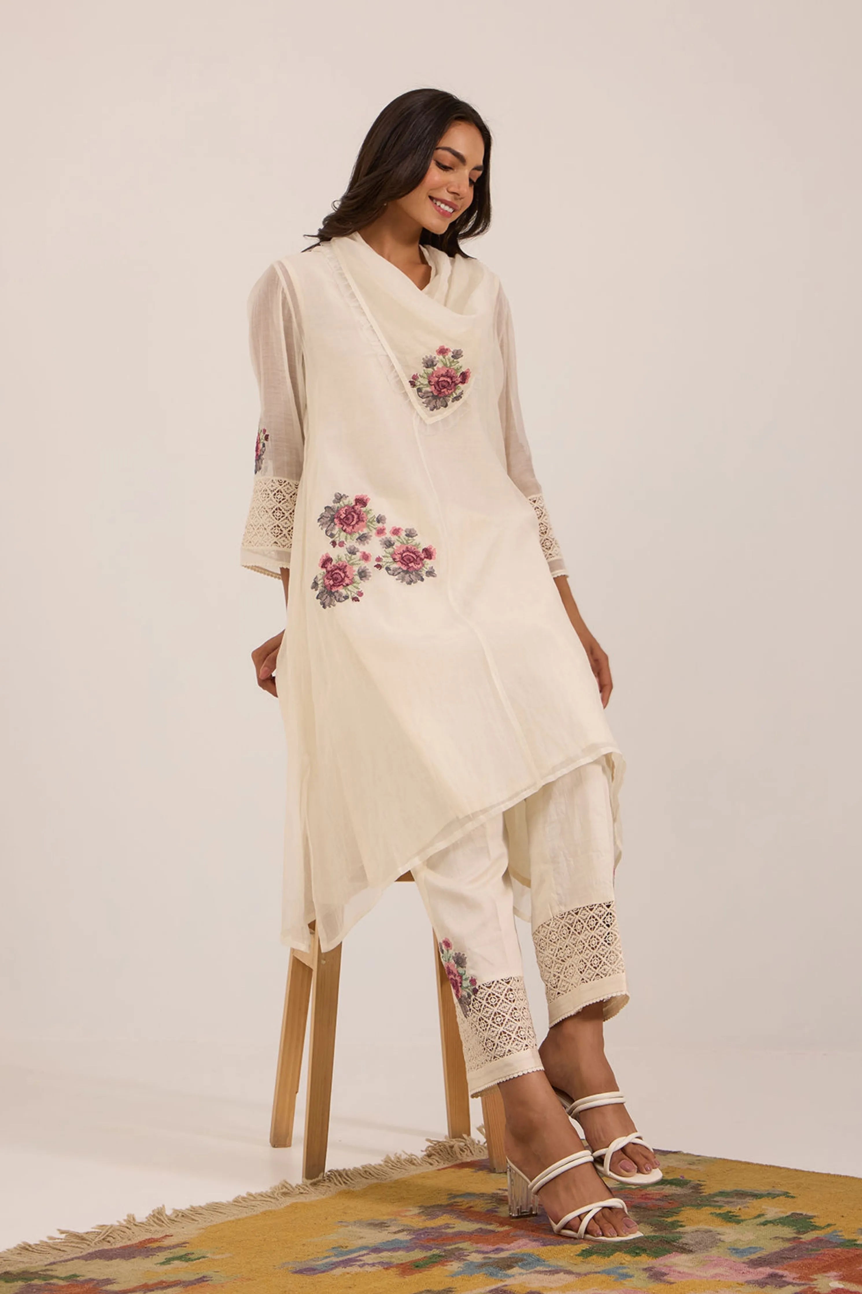 Off White Cowl Collar Long Kurta Set