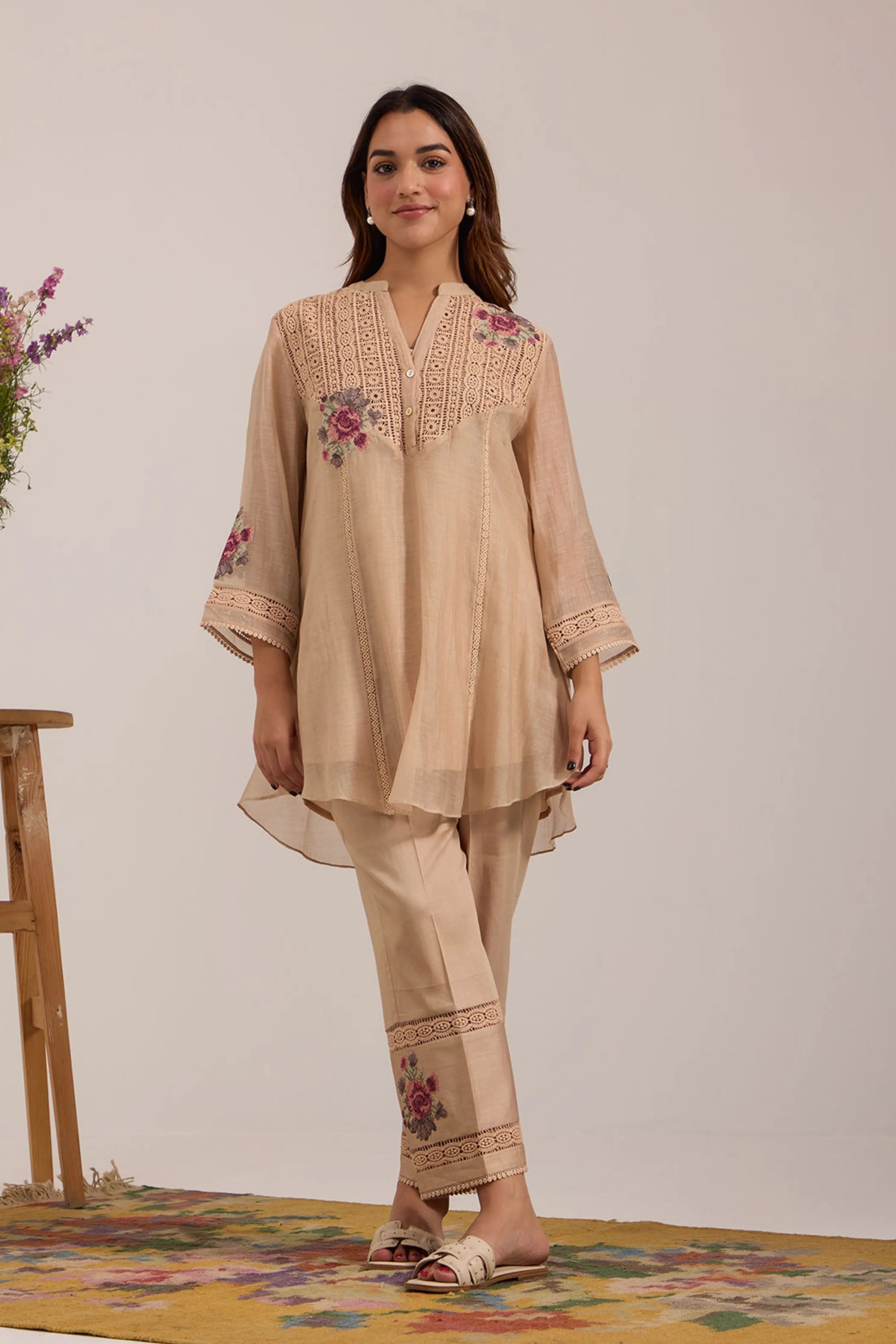 Beige Chanderi Tunic Set