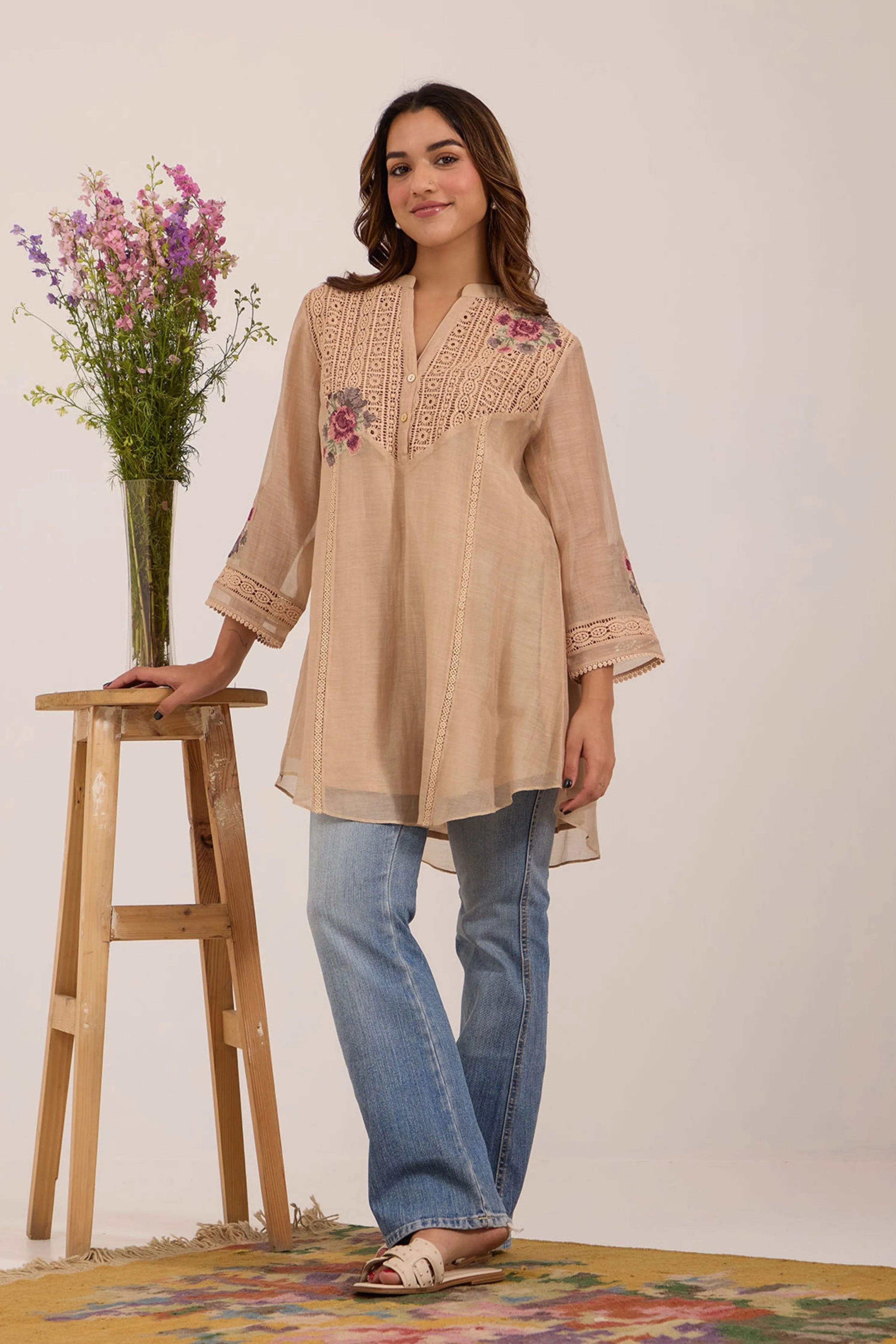 Beige Chanderi Tunic Set