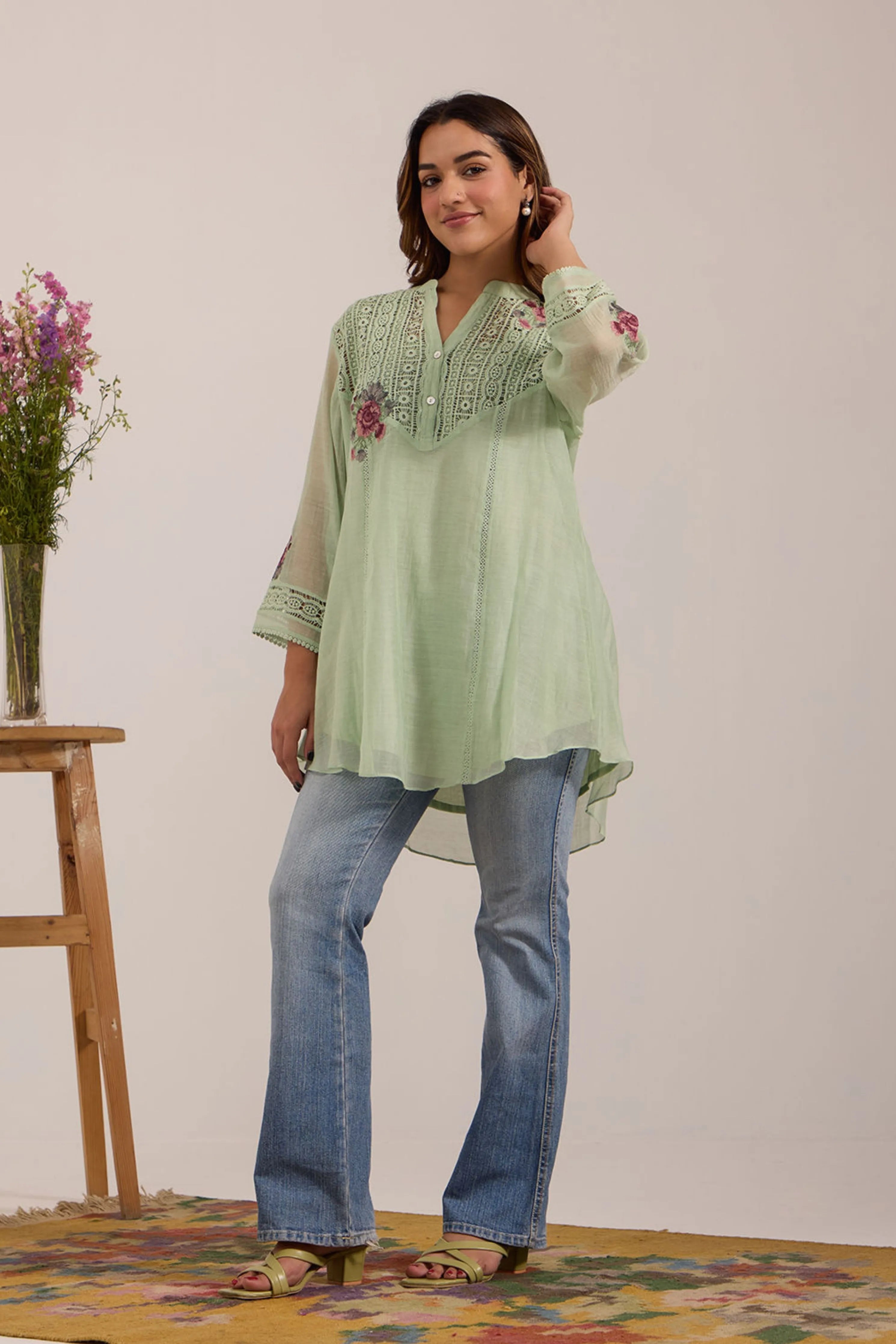 Sea Green Chanderi Tunic Set