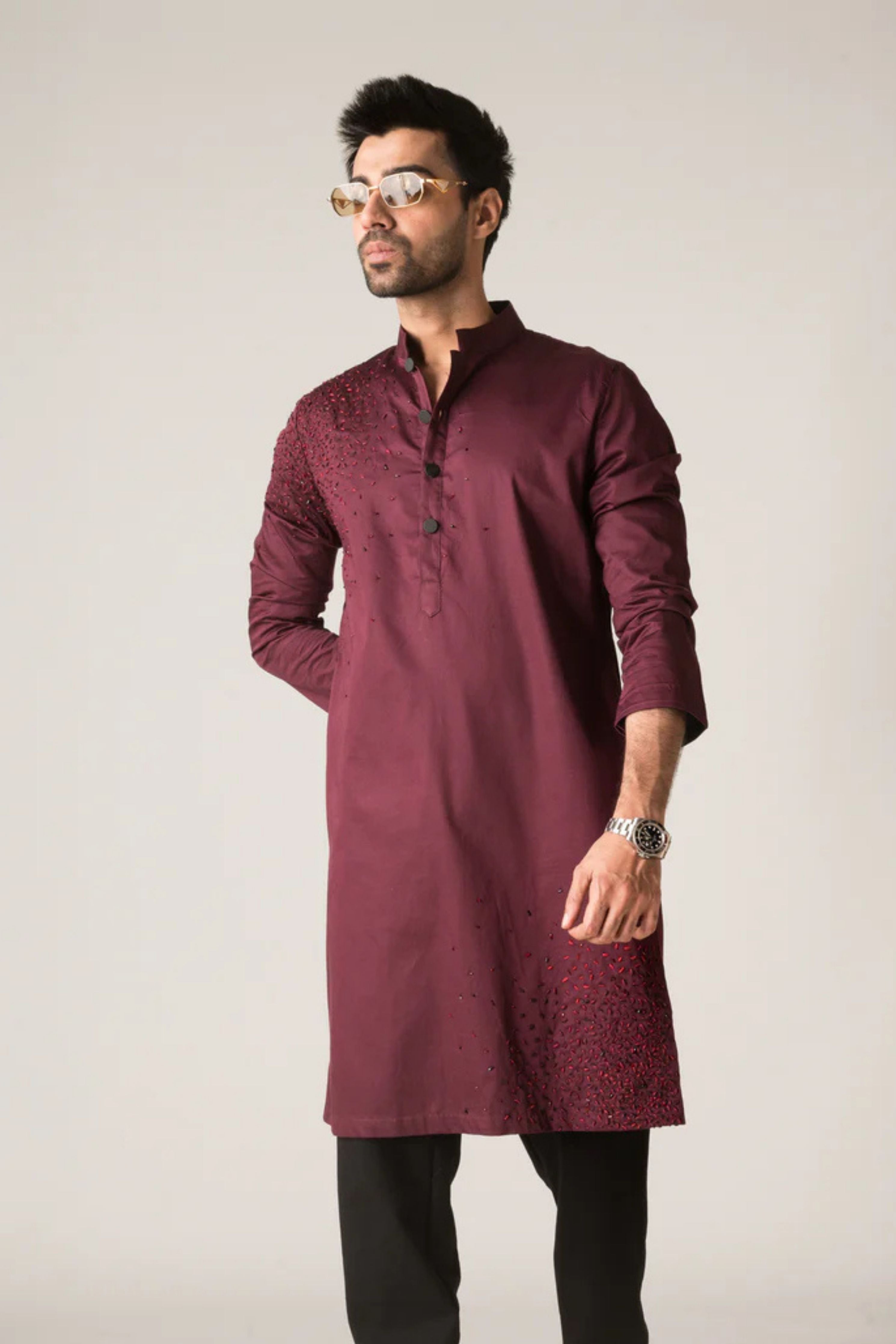 Diffusion Hand-Embroidered Wine Kurta