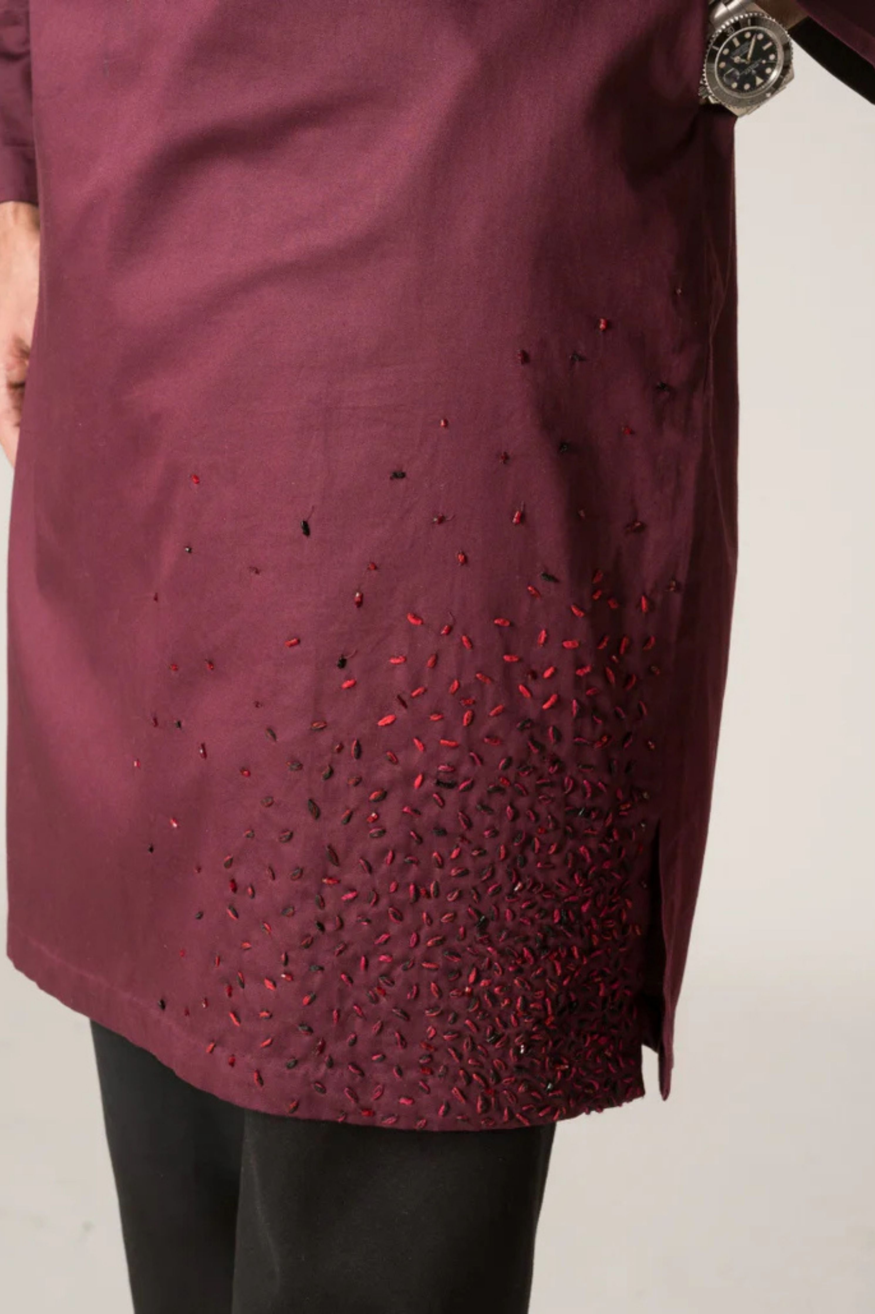 Diffusion Hand-Embroidered Wine Kurta