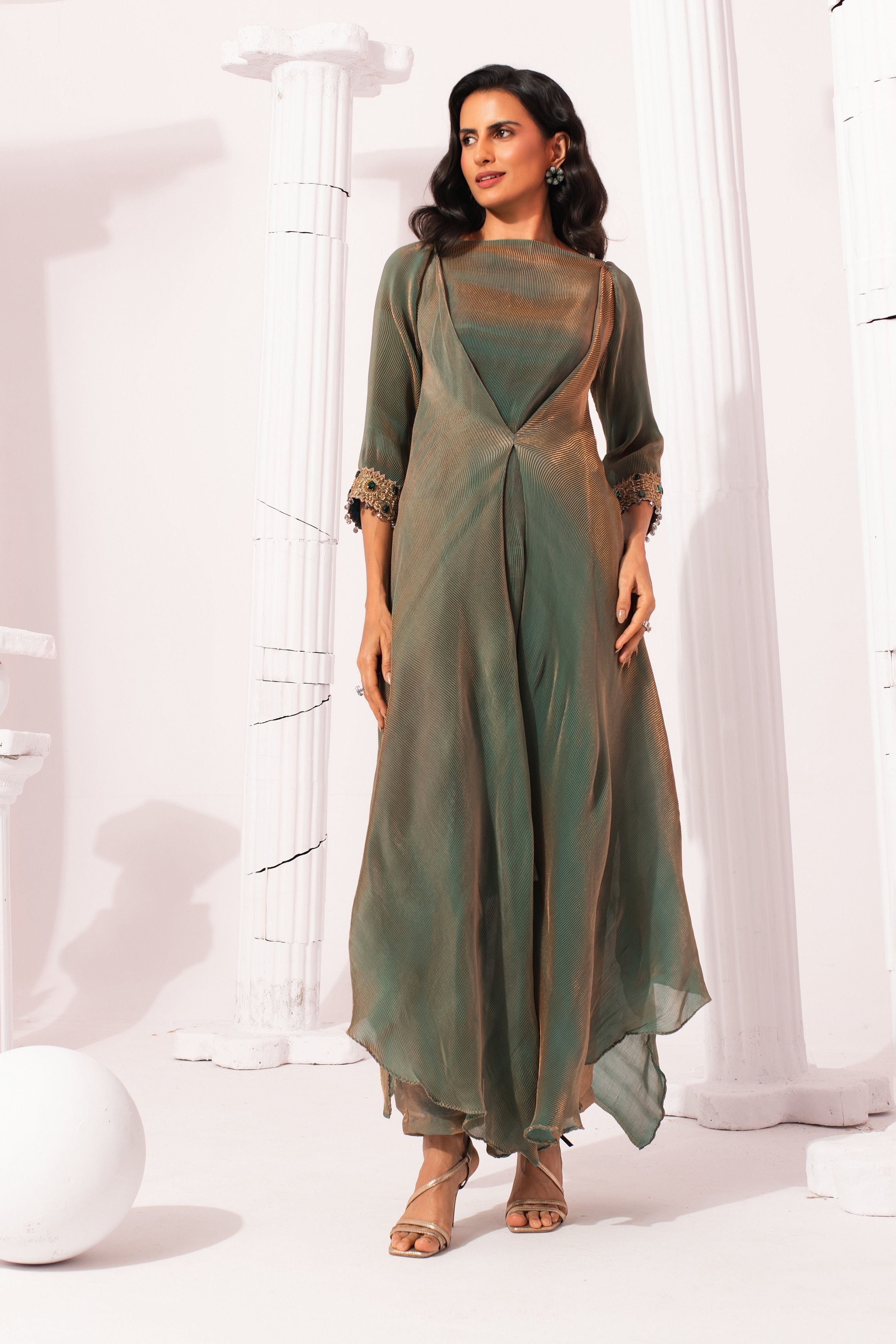 Metalic Moss Green Drape Co-Ord Set