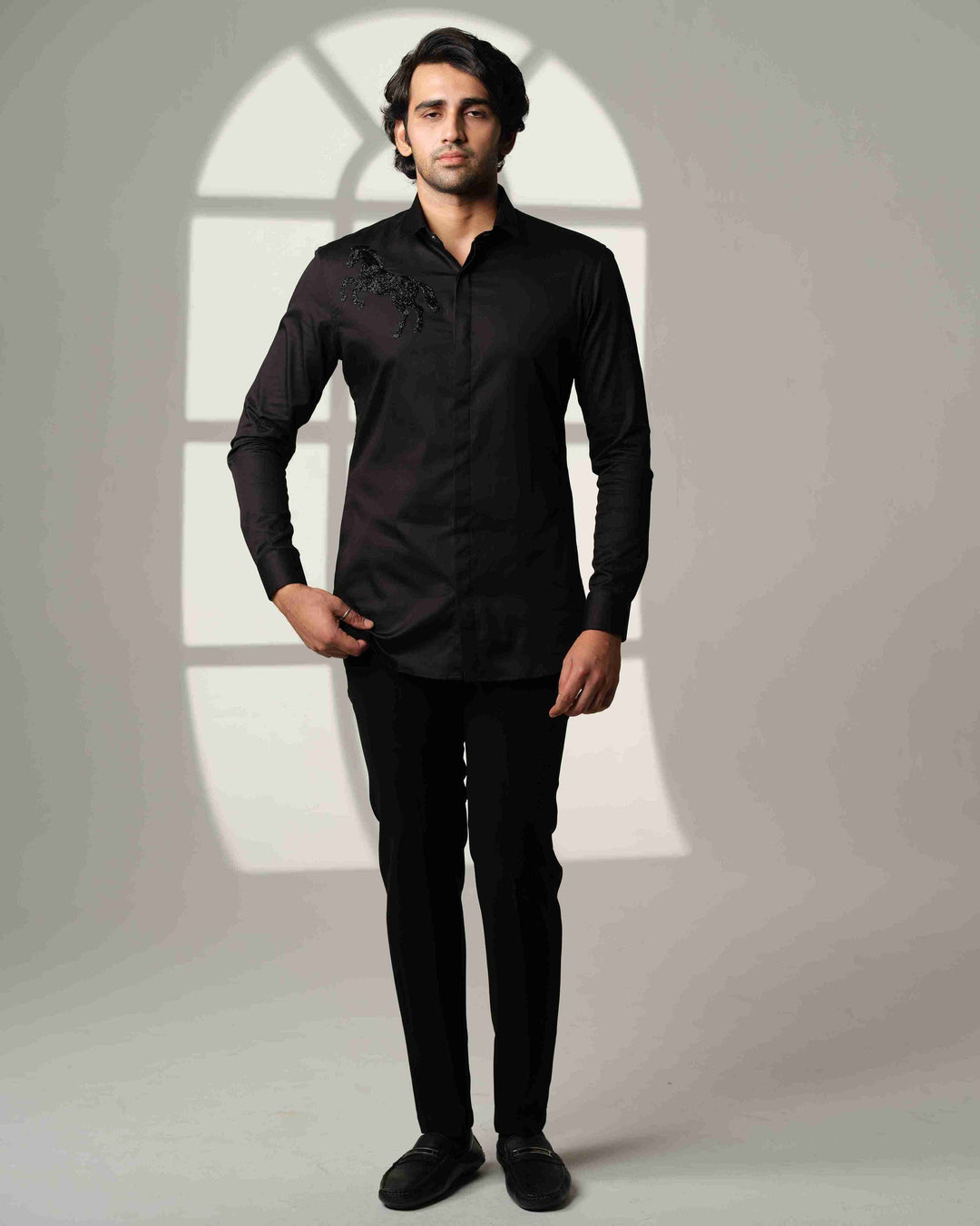 Black Shirt Black Horse On Right Shoulder