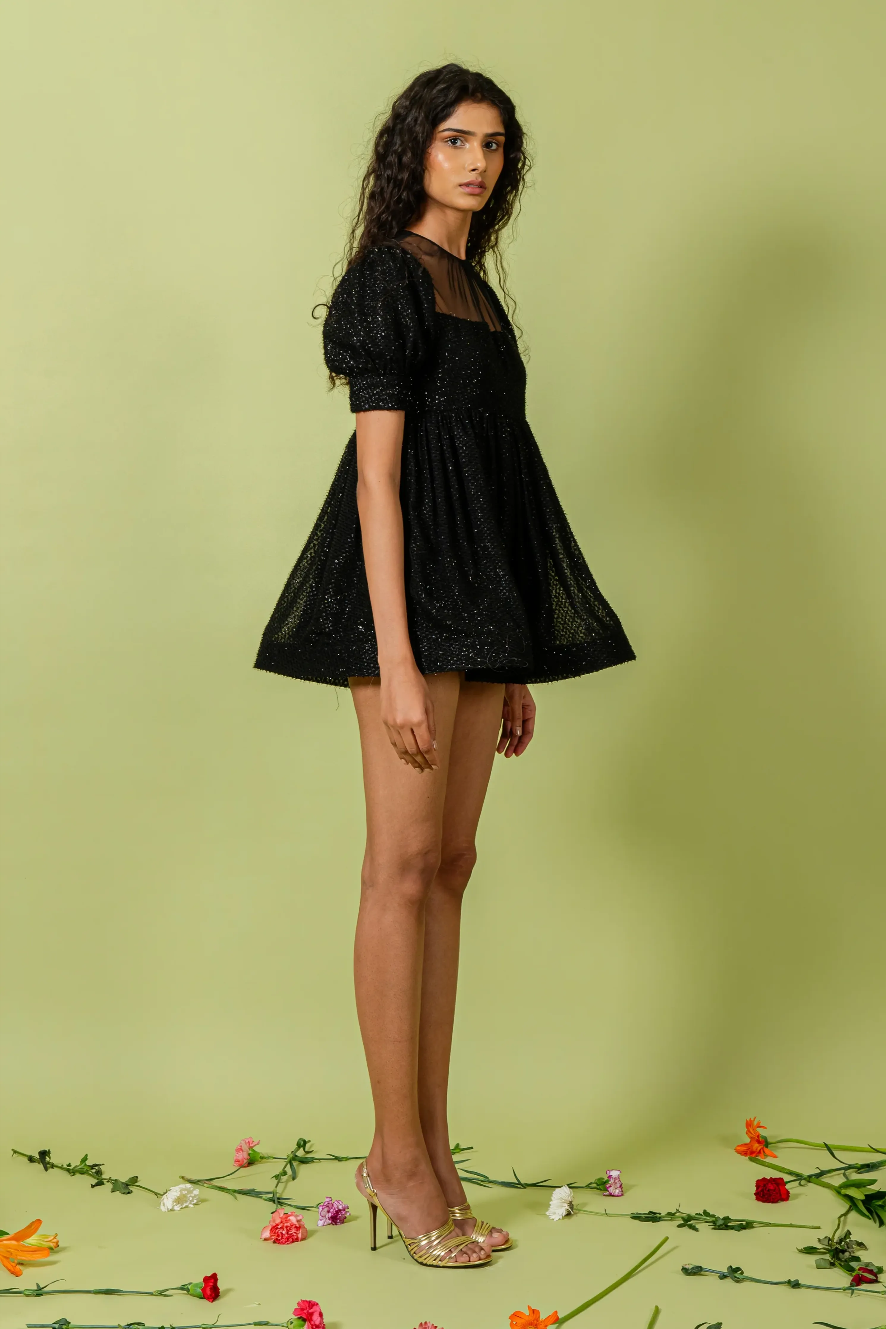 Black Dotted Embellished Mini Dress