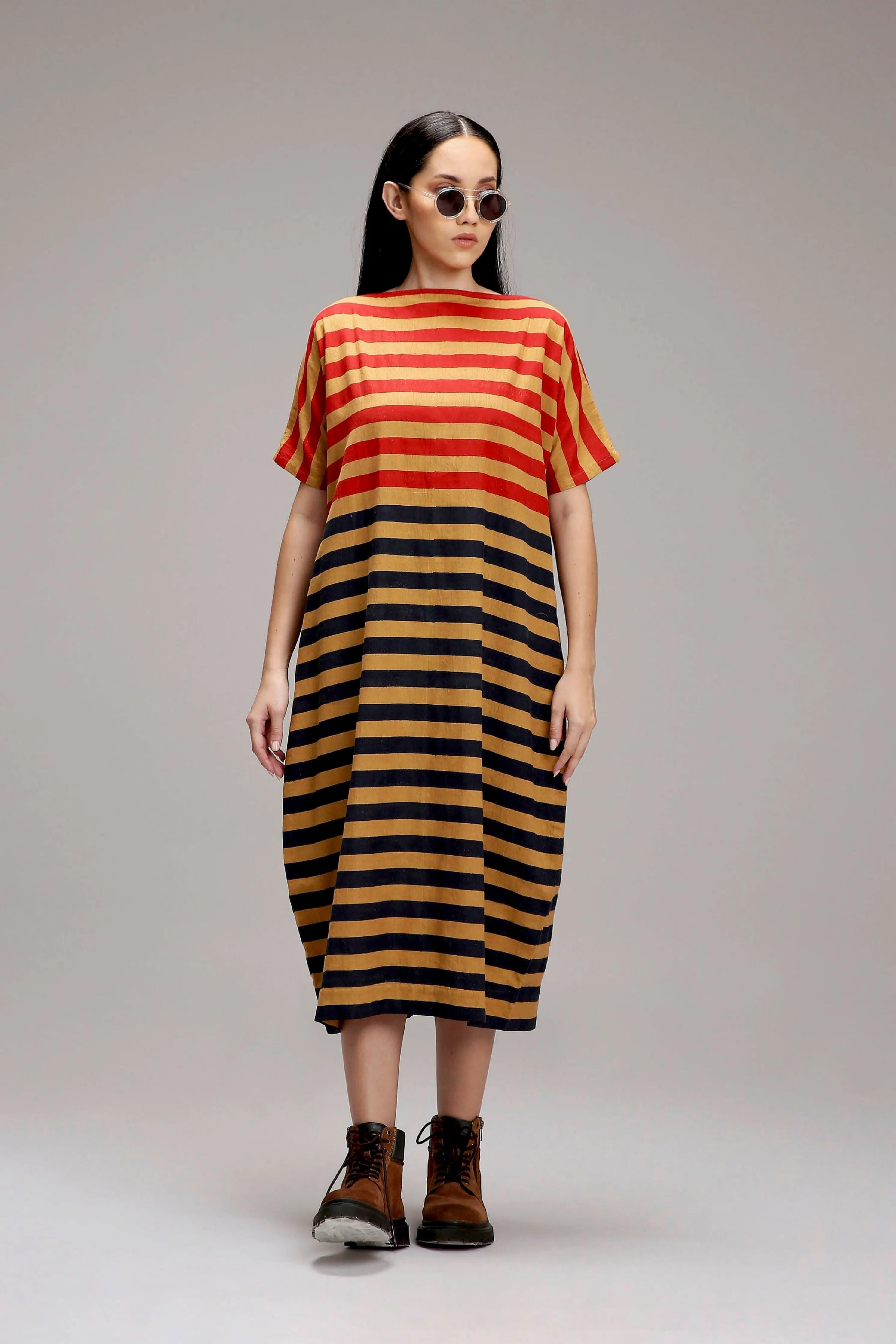 Tan-Brown Red & Blue Dual Striped Dress