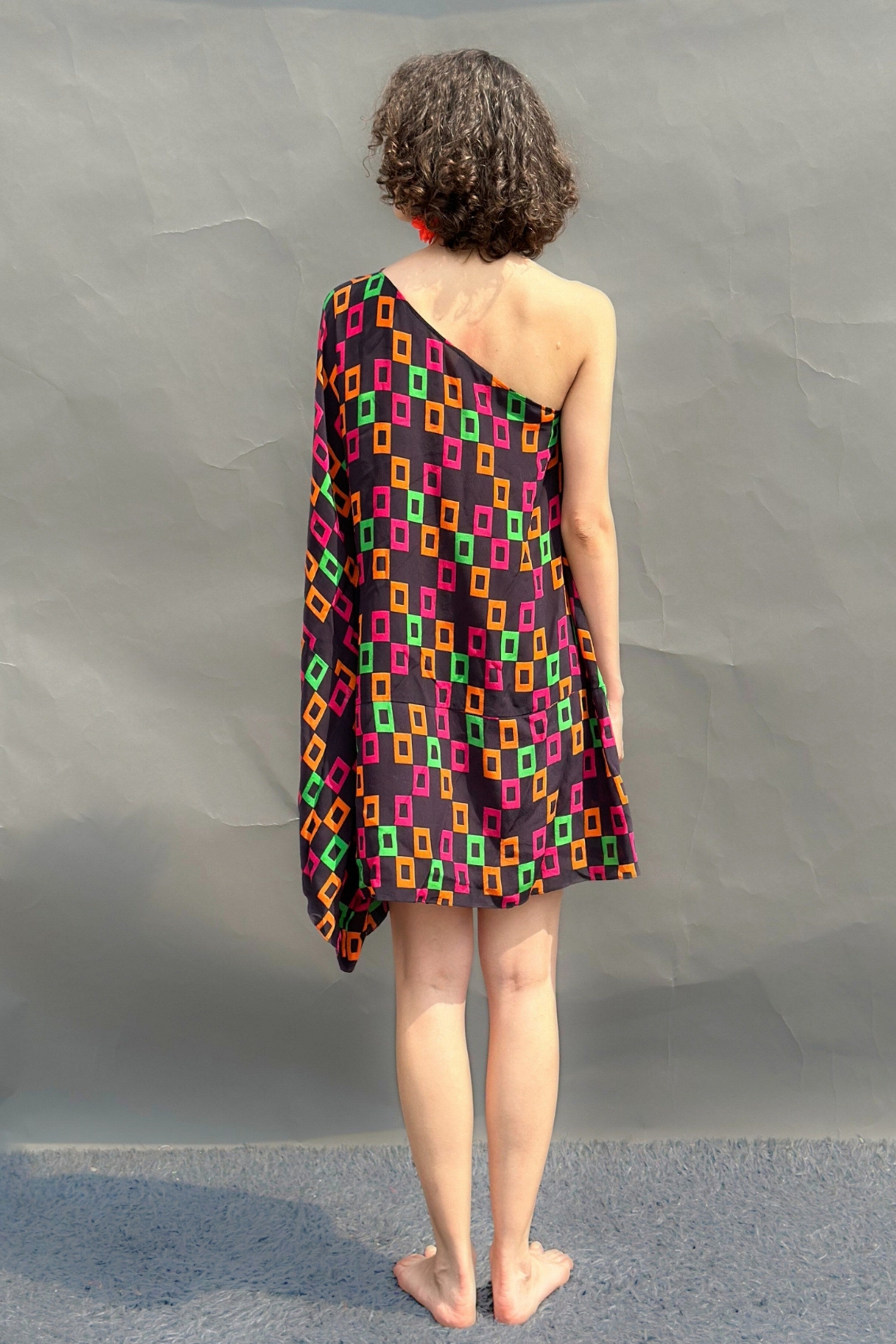 Digital Print Cowl Sleeve Dress