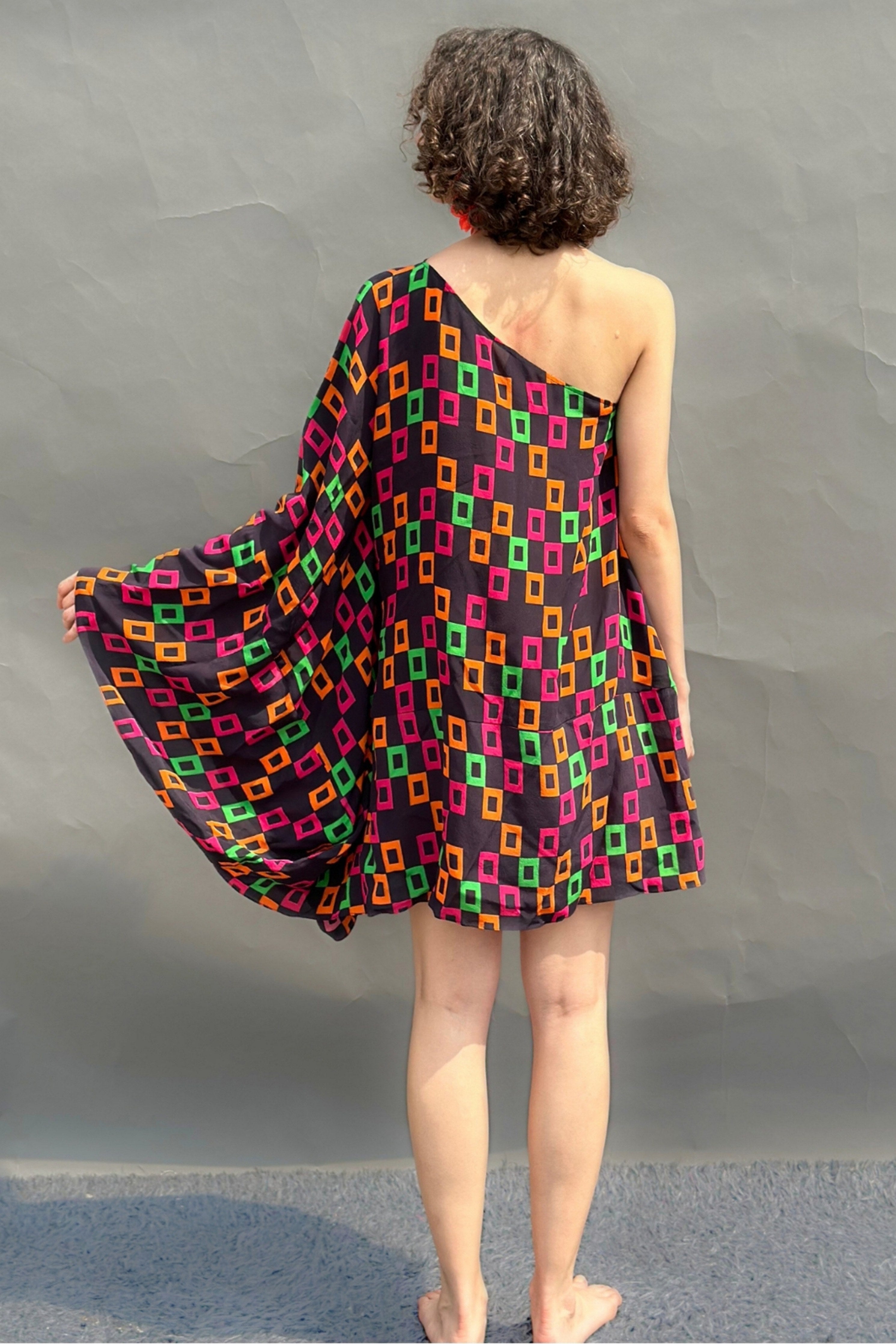 Digital Print Cowl Sleeve Dress