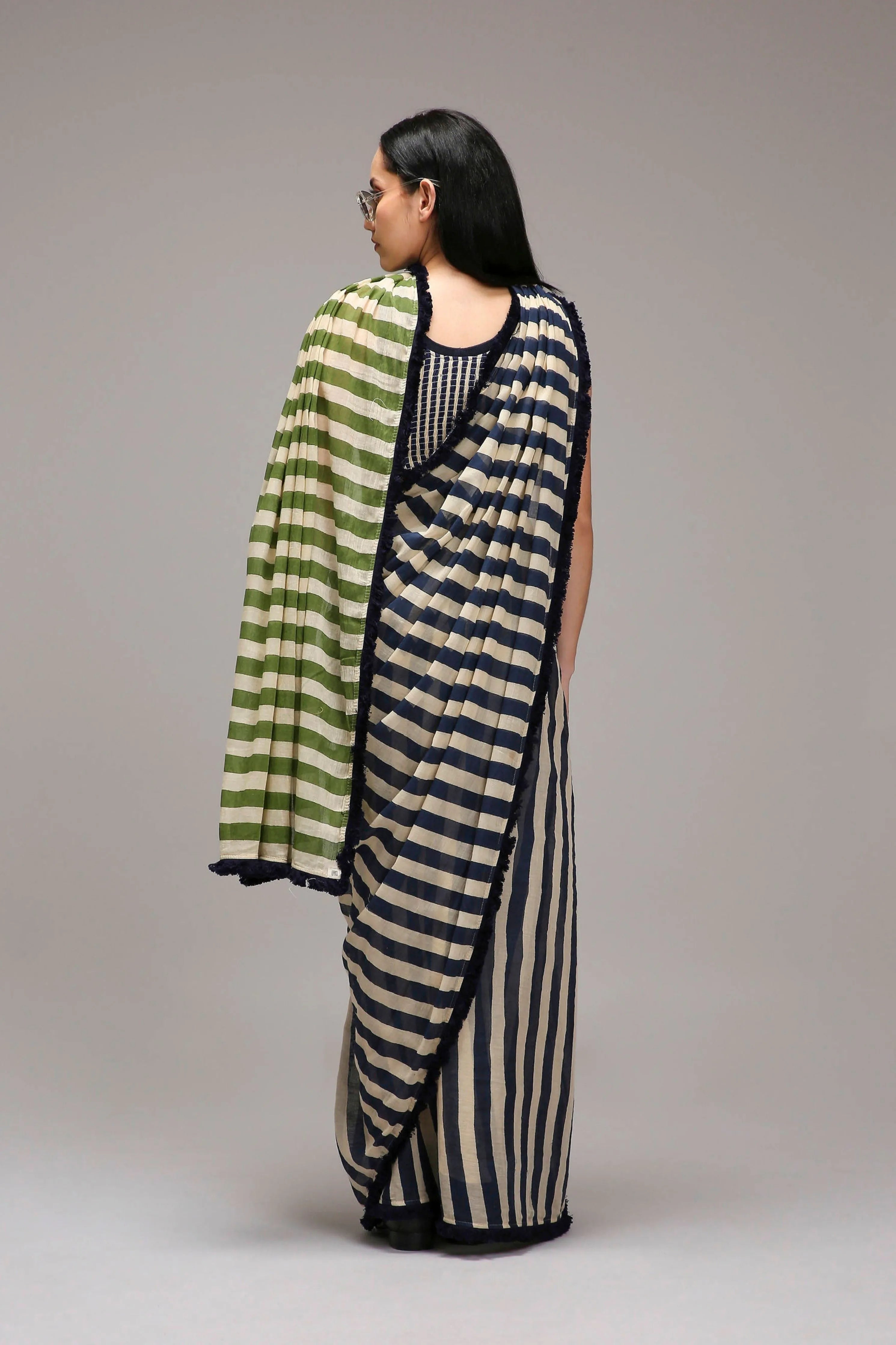 Egg-Shell Bodysuit & Dual Striped Saree Set