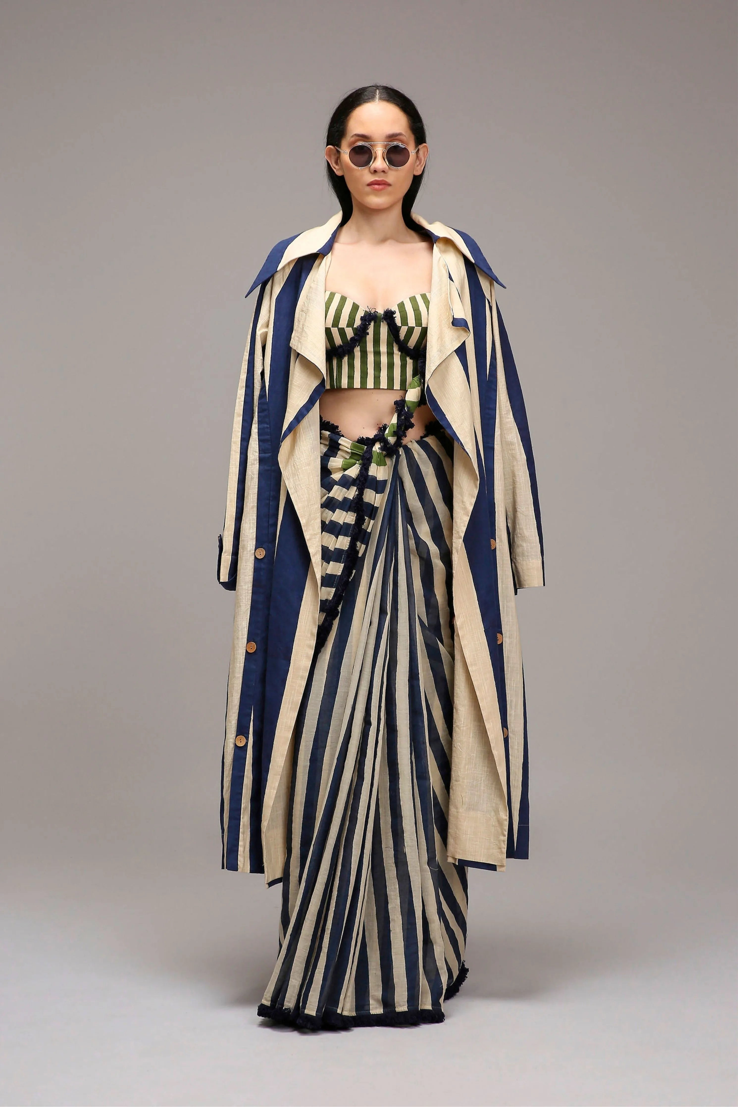 Egg-Shell Corset with Trench & Dual Striped Saree Set