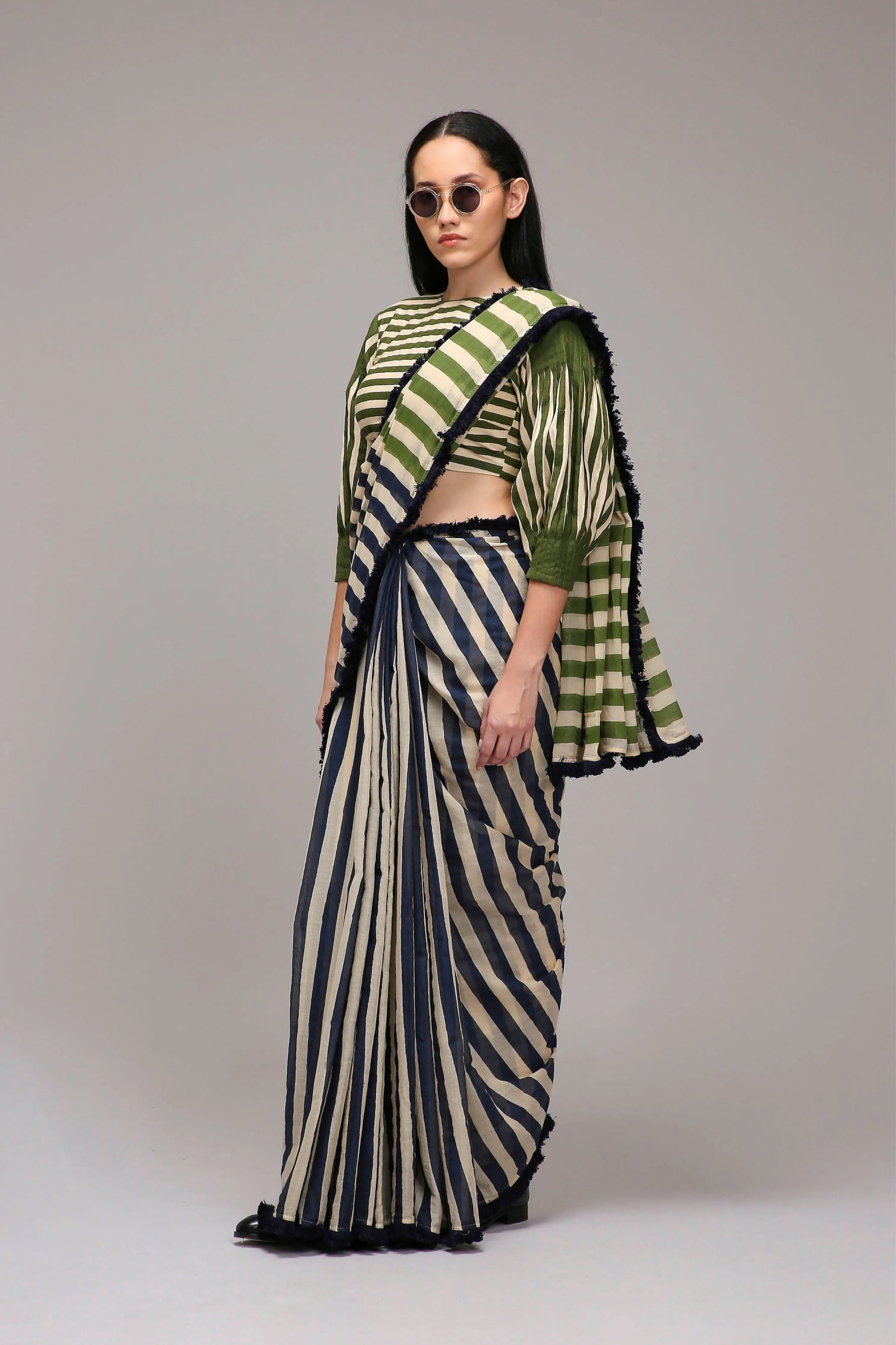 Egg-Shell Crop Top & Dual Striped Saree Set