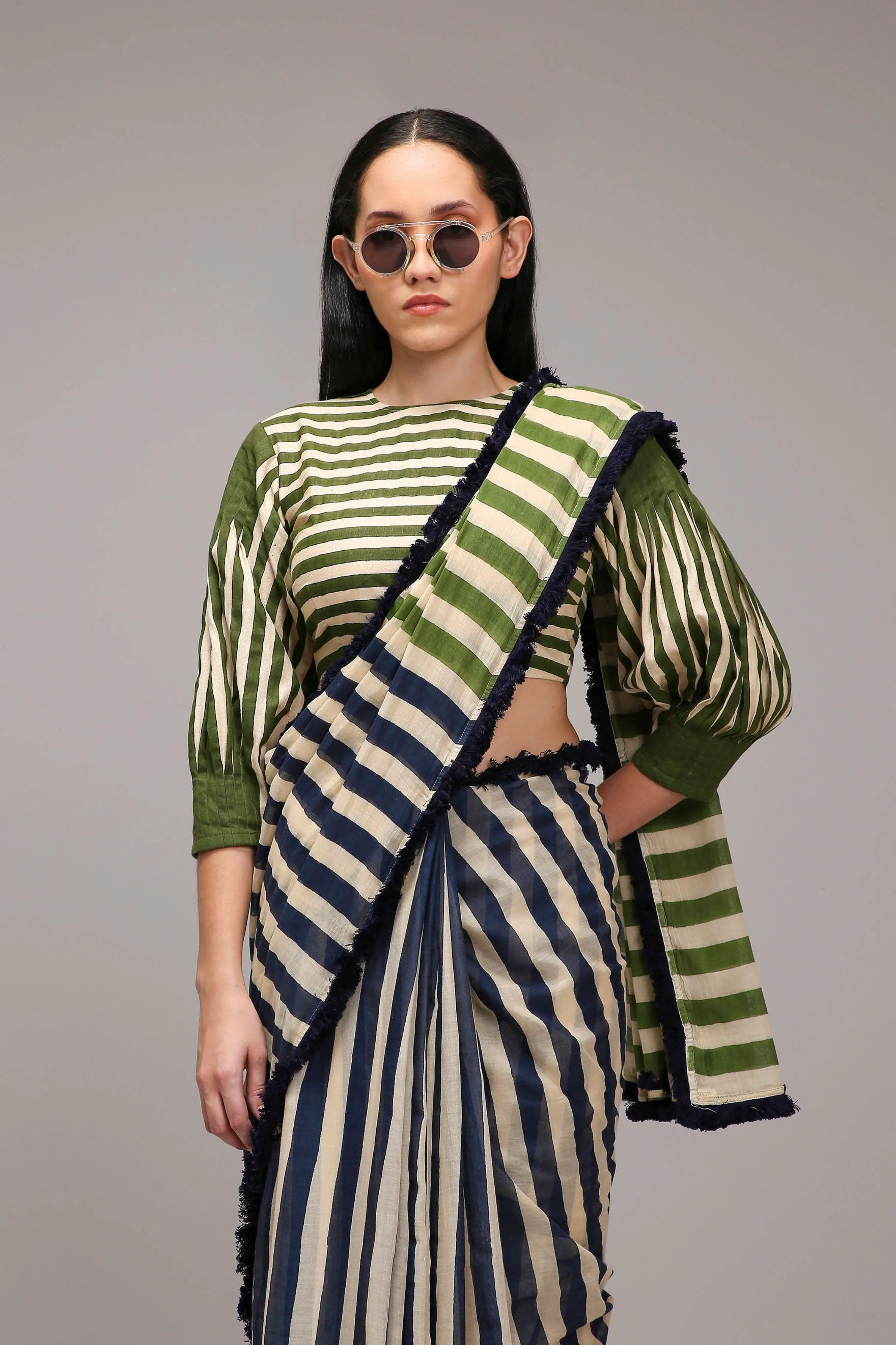 Egg-Shell Crop Top & Dual Striped Saree Set