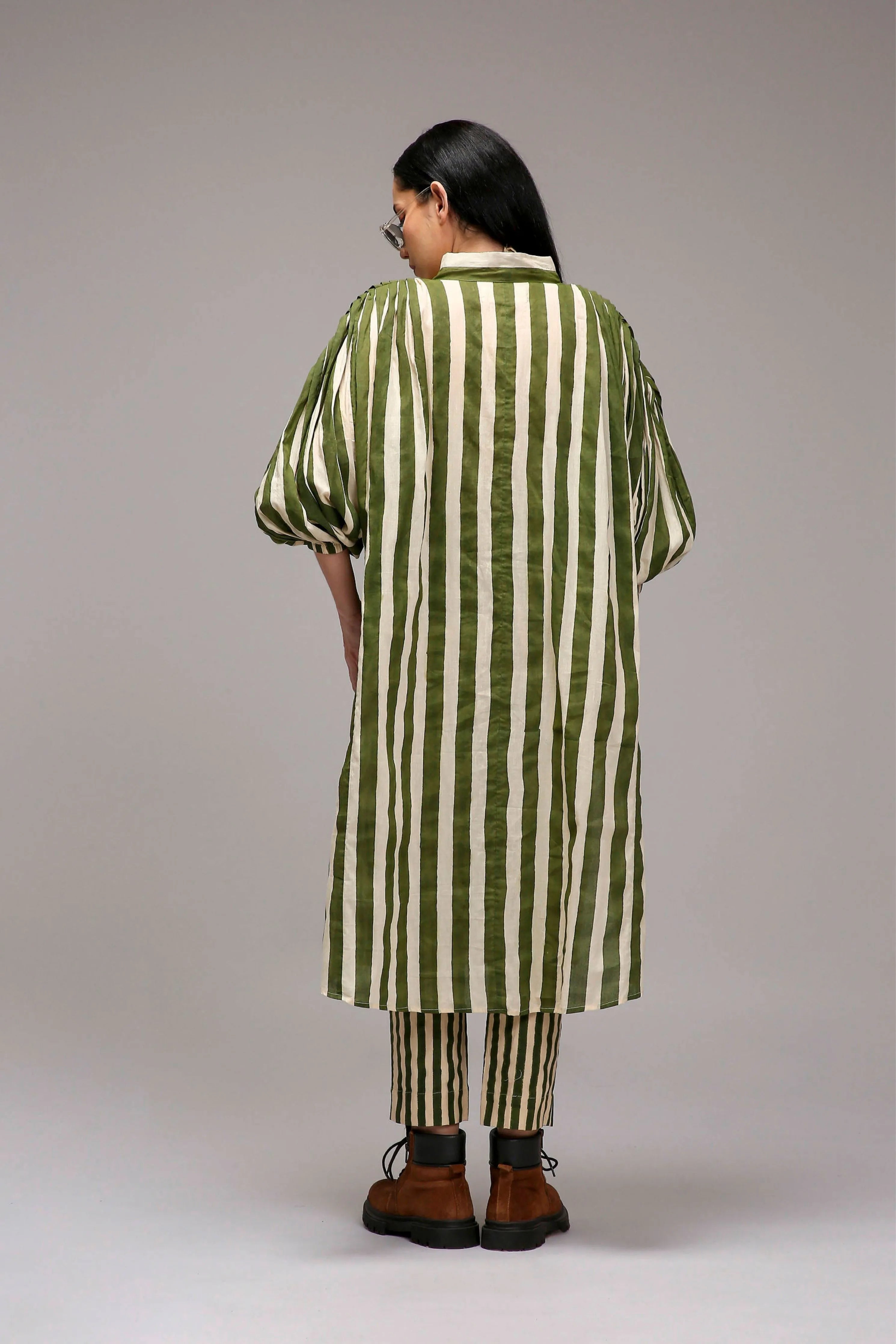 Egg-Shell Green Striped Baha Tunic Set