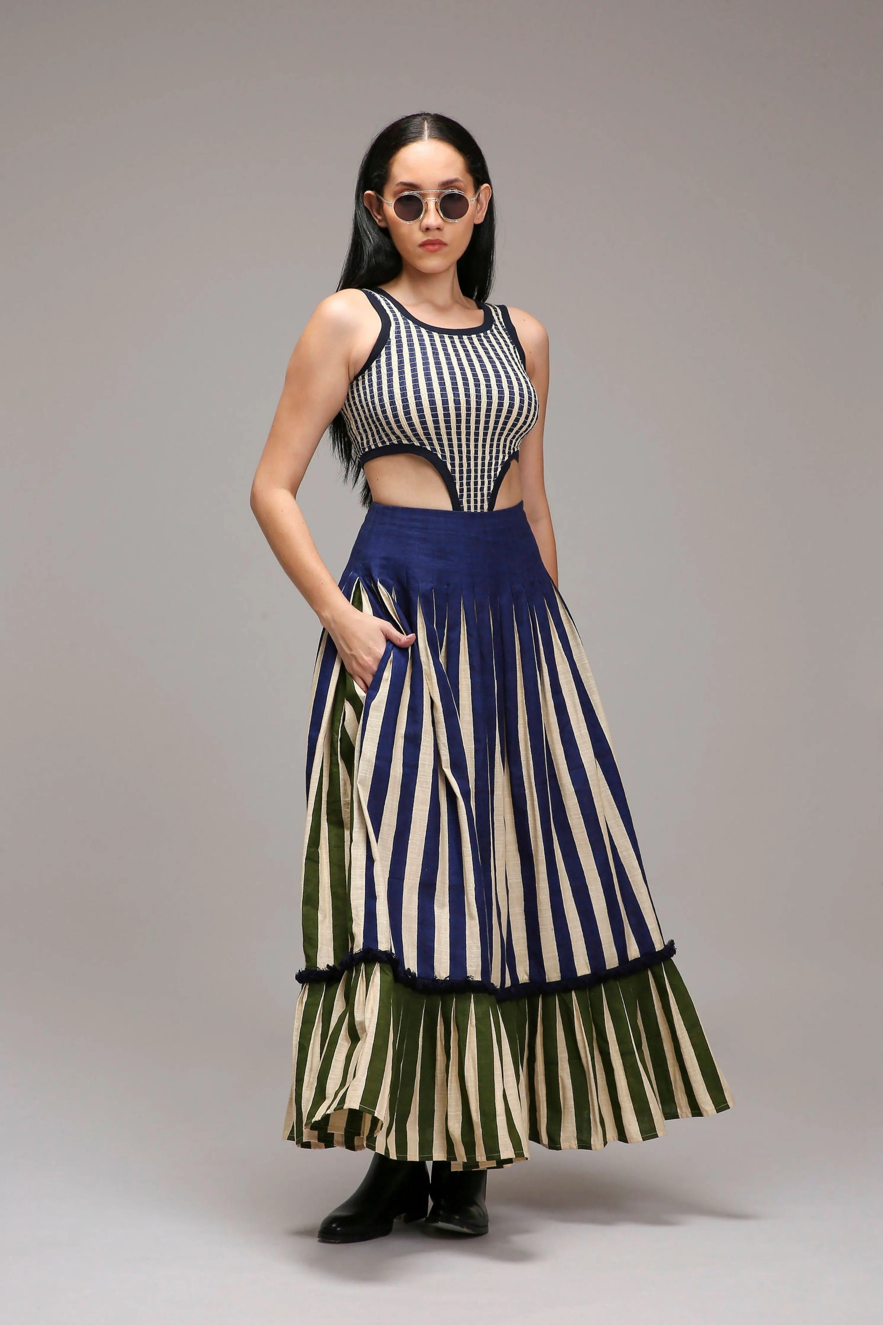 Egg-Shell Bodysuit Dual Striped Skirt Set