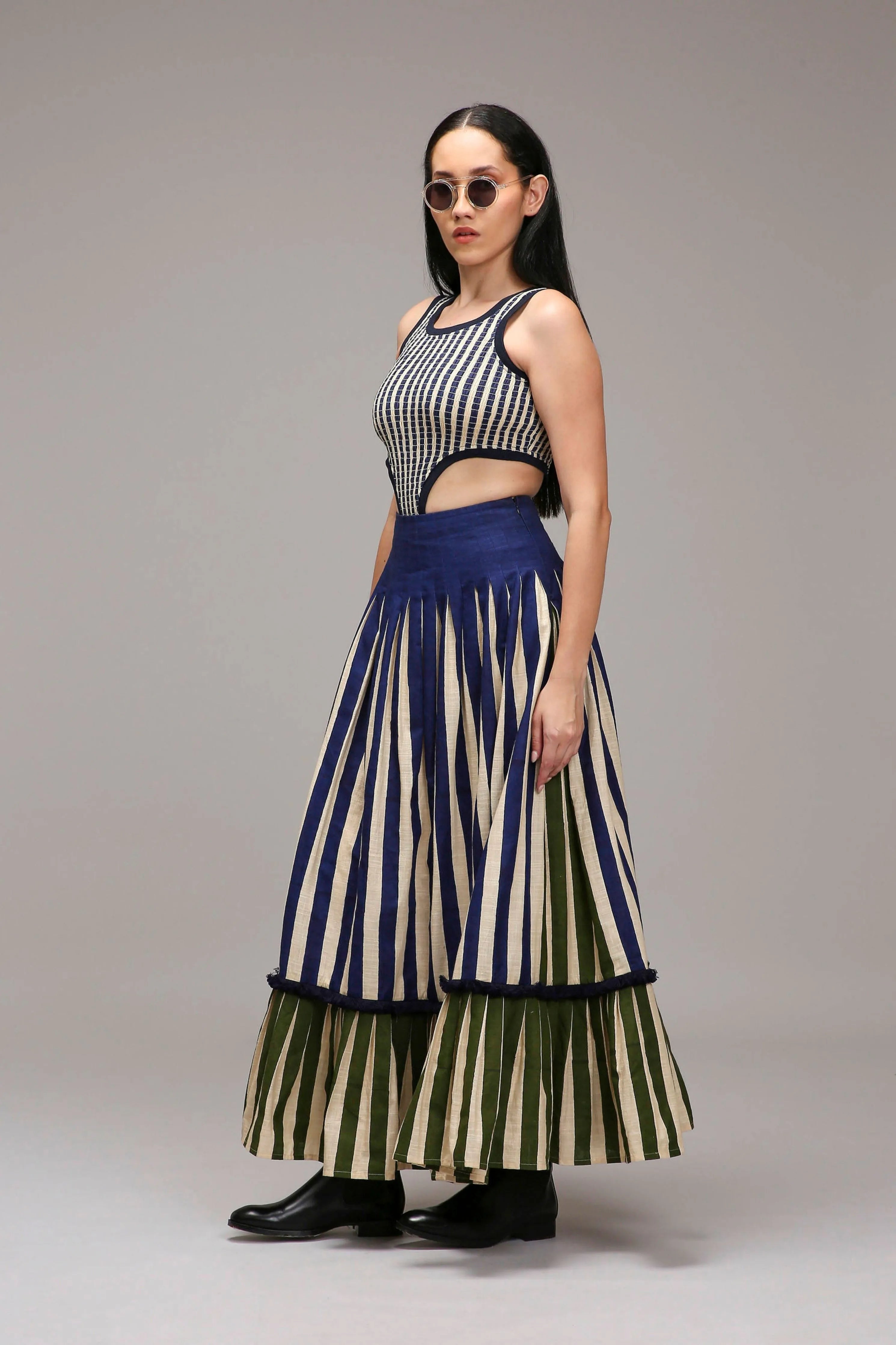 Egg-Shell Bodysuit Dual Striped Skirt Set