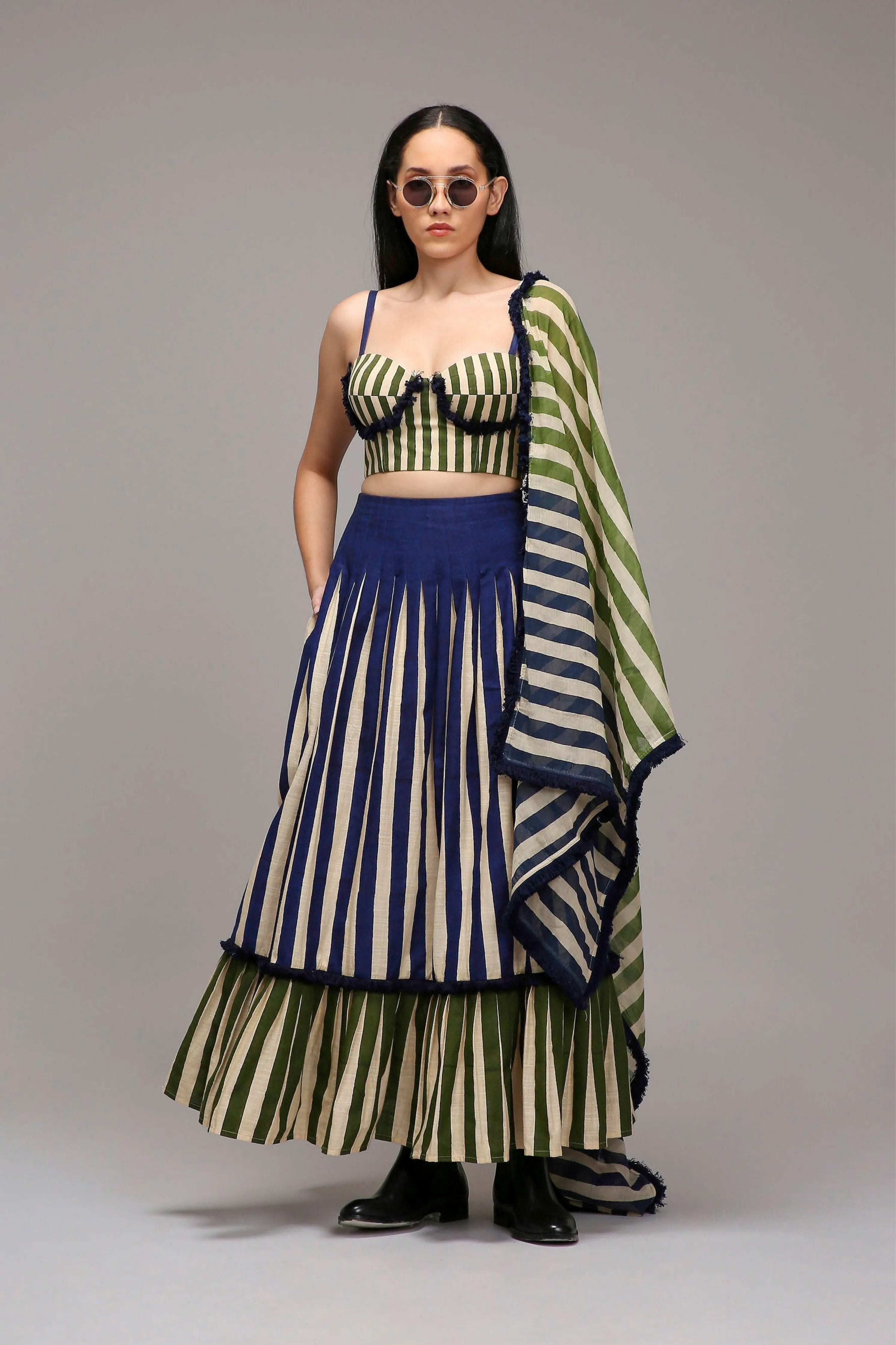 Egg-Shell Corset Dual Striped Stole Skirt Set