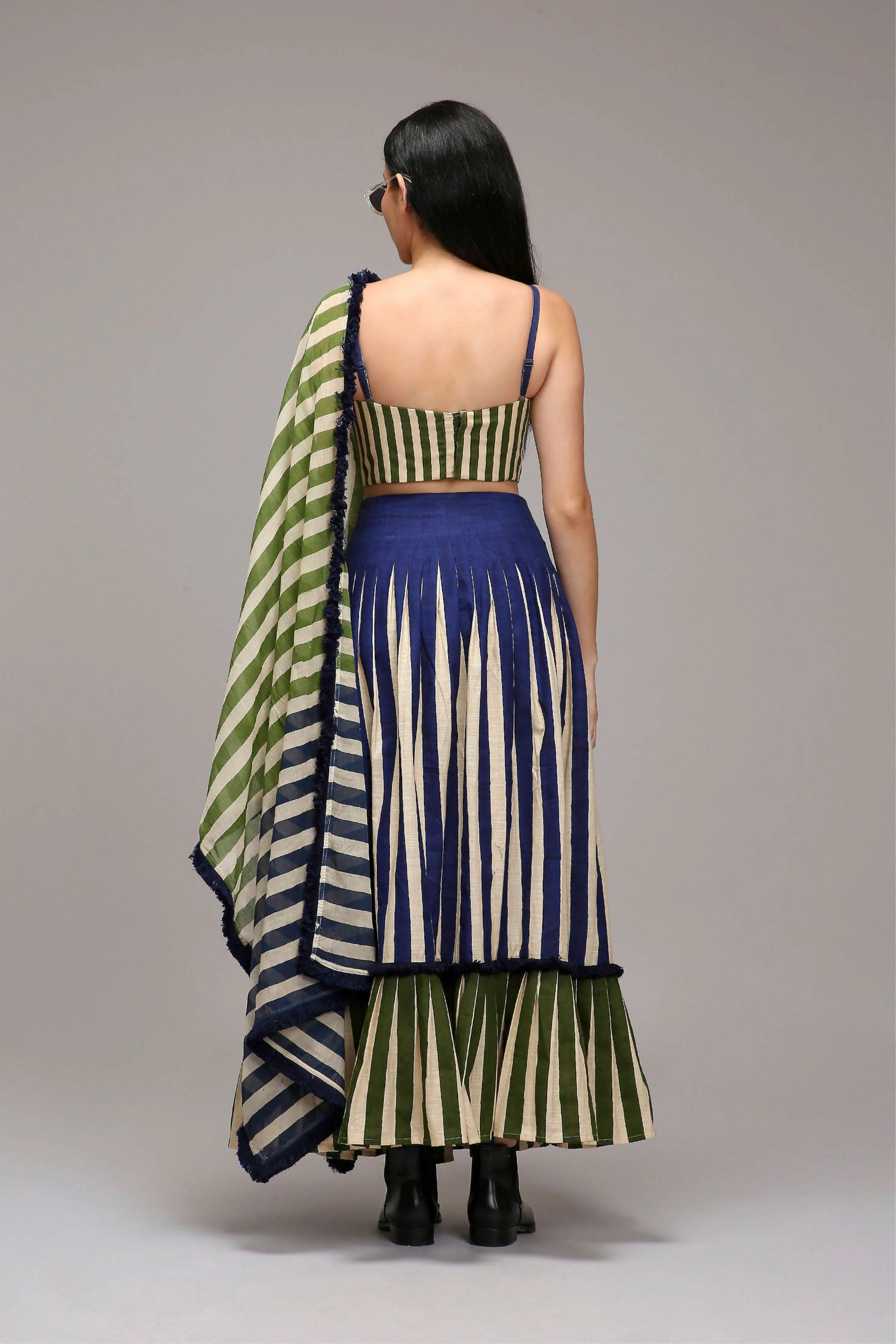 Egg-Shell Corset Dual Striped Stole Skirt Set