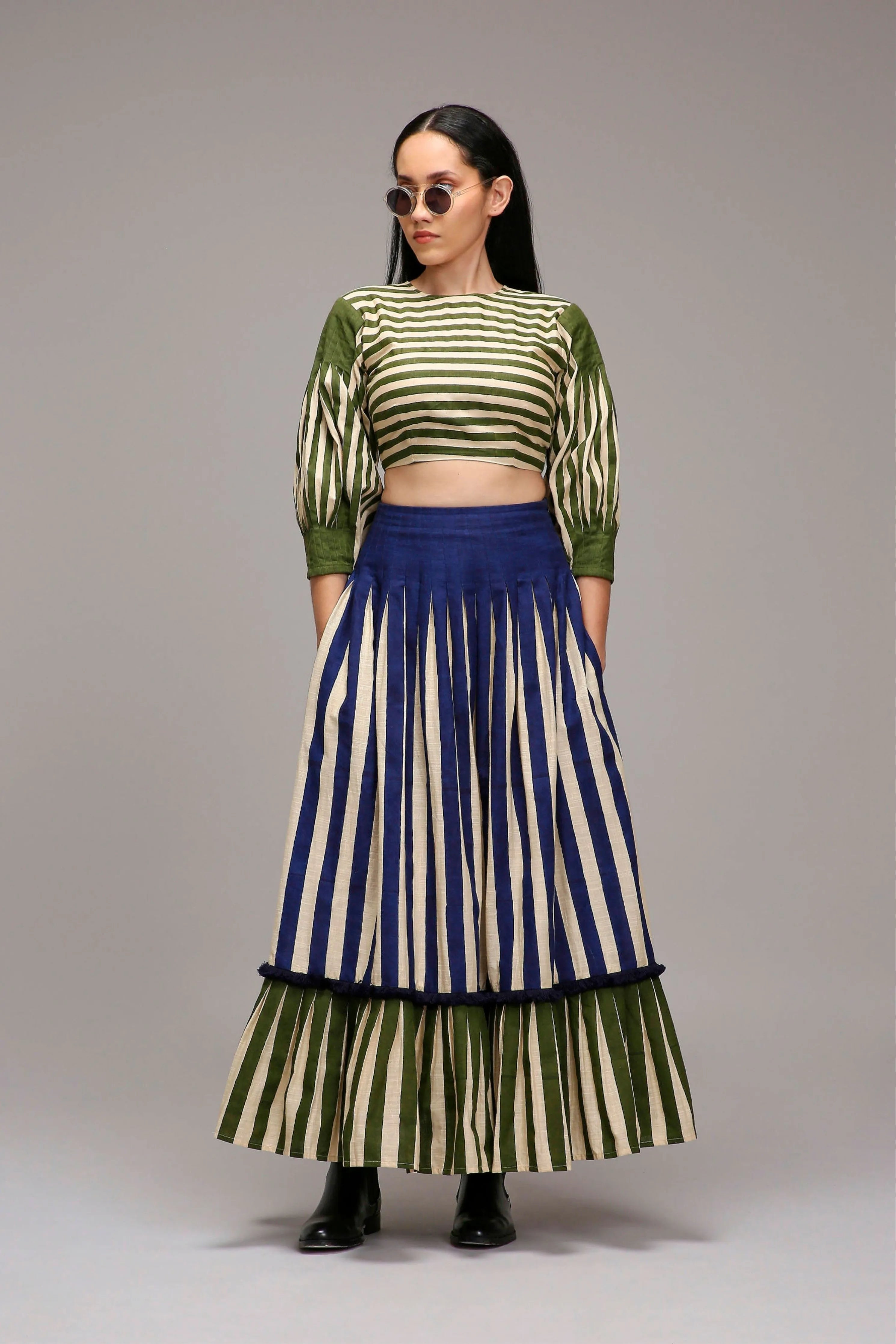 Egg-Shell Striped Crop Top & Skirt Set