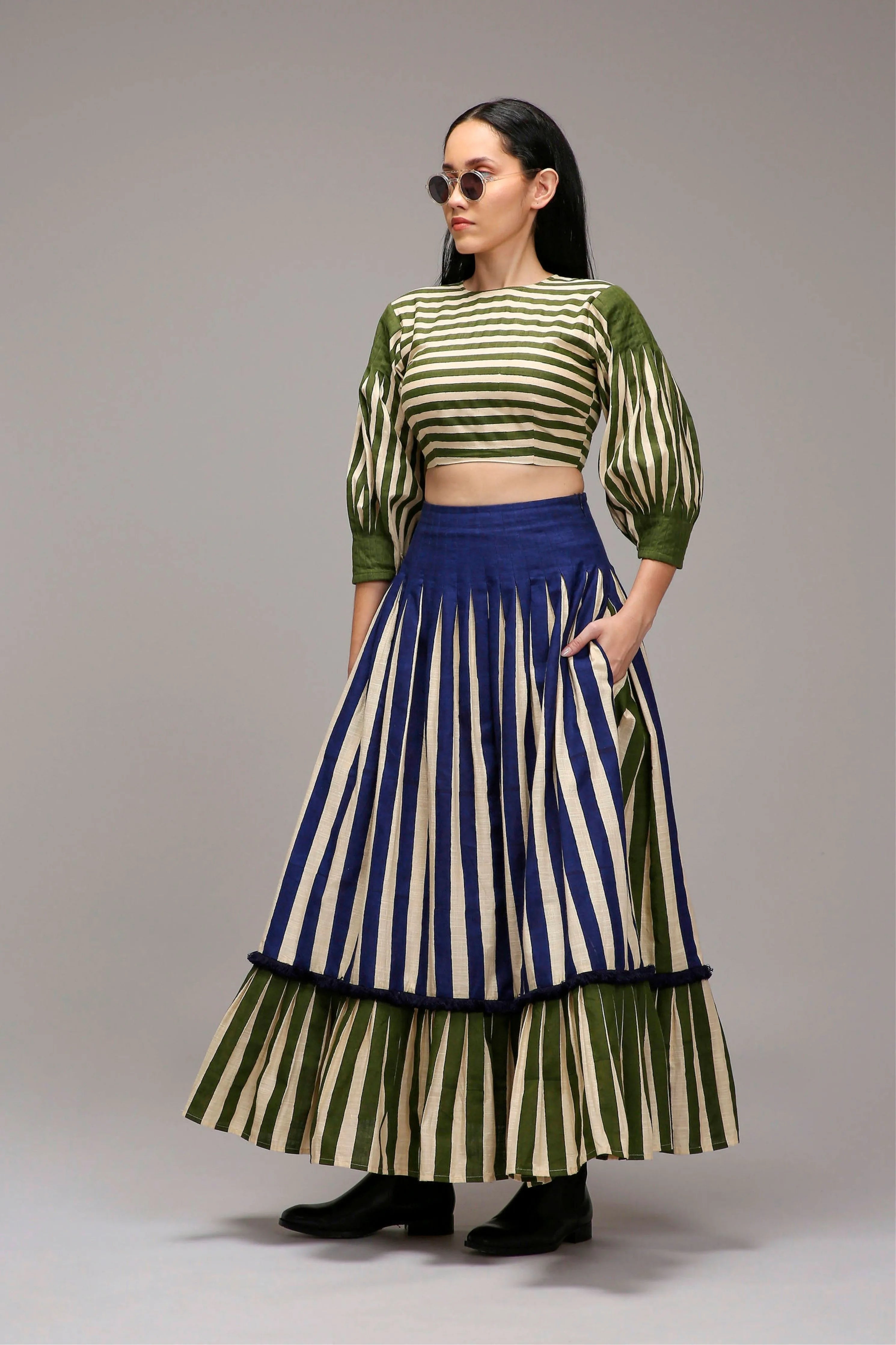 Egg-Shell Striped Crop Top & Skirt Set