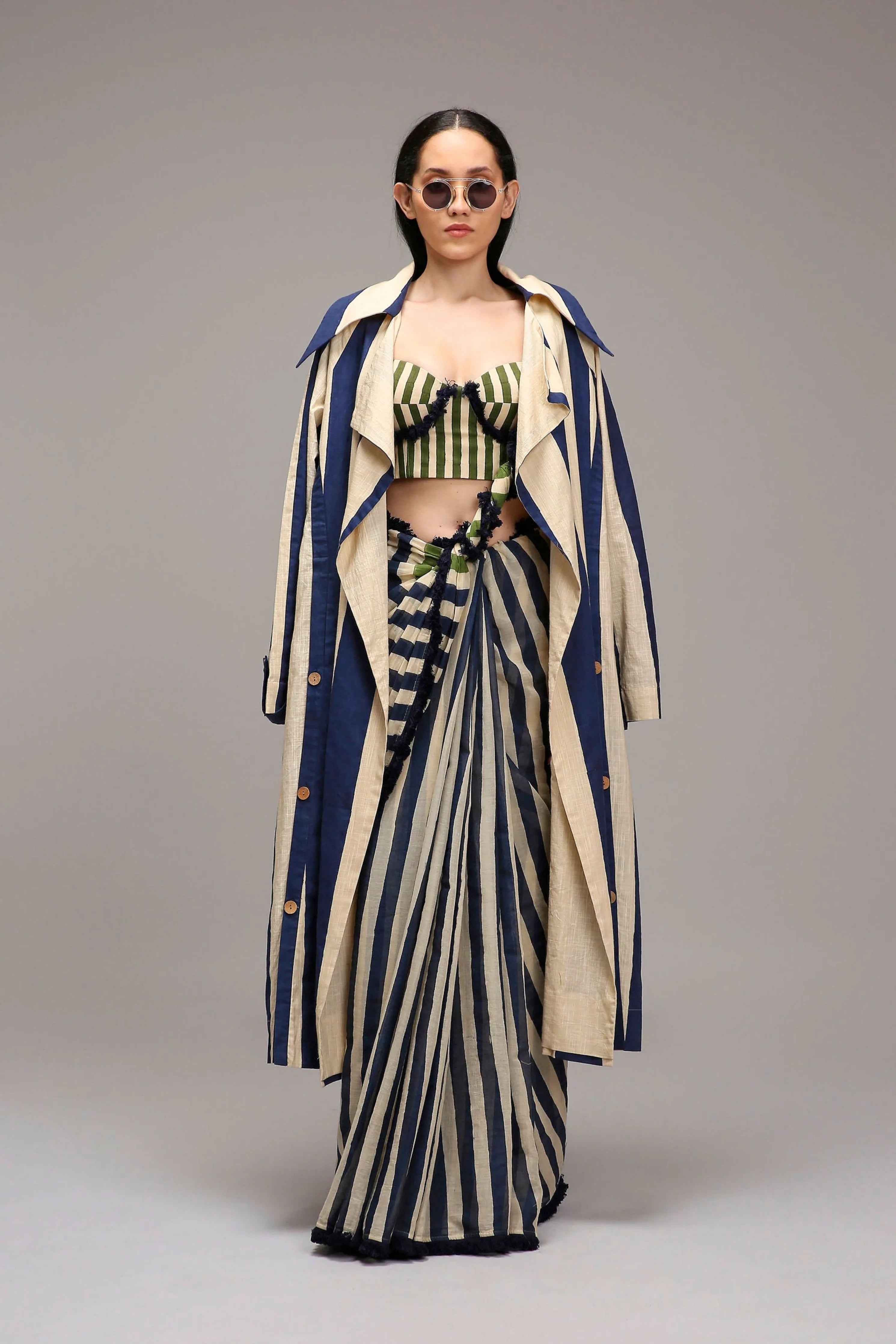 Egg-Shell Bodysuit with Trench & Dual Striped Saree Set