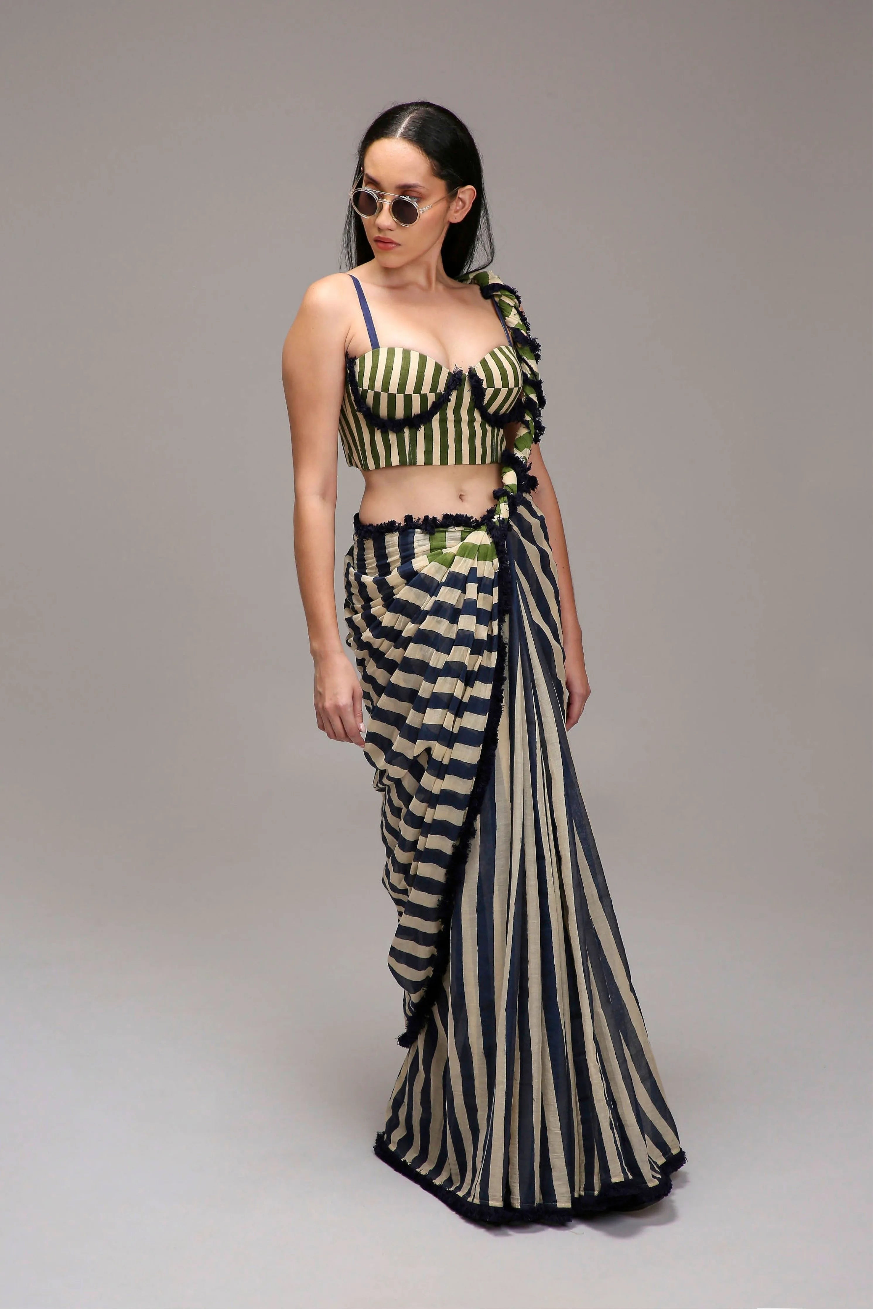 Egg-Shell Bodysuit with Trench & Dual Striped Saree Set