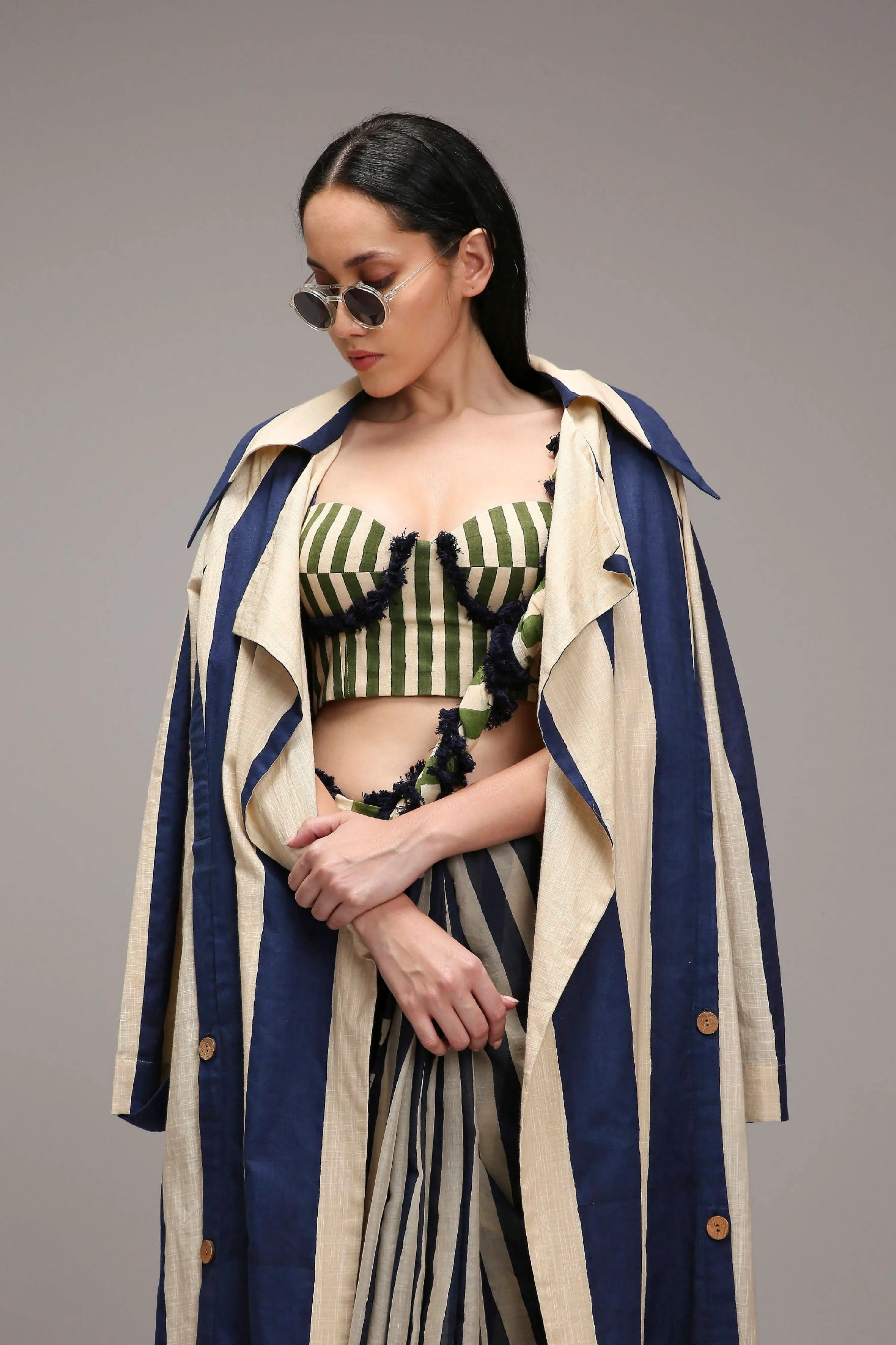 Egg-Shell Bodysuit with Trench & Dual Striped Saree Set