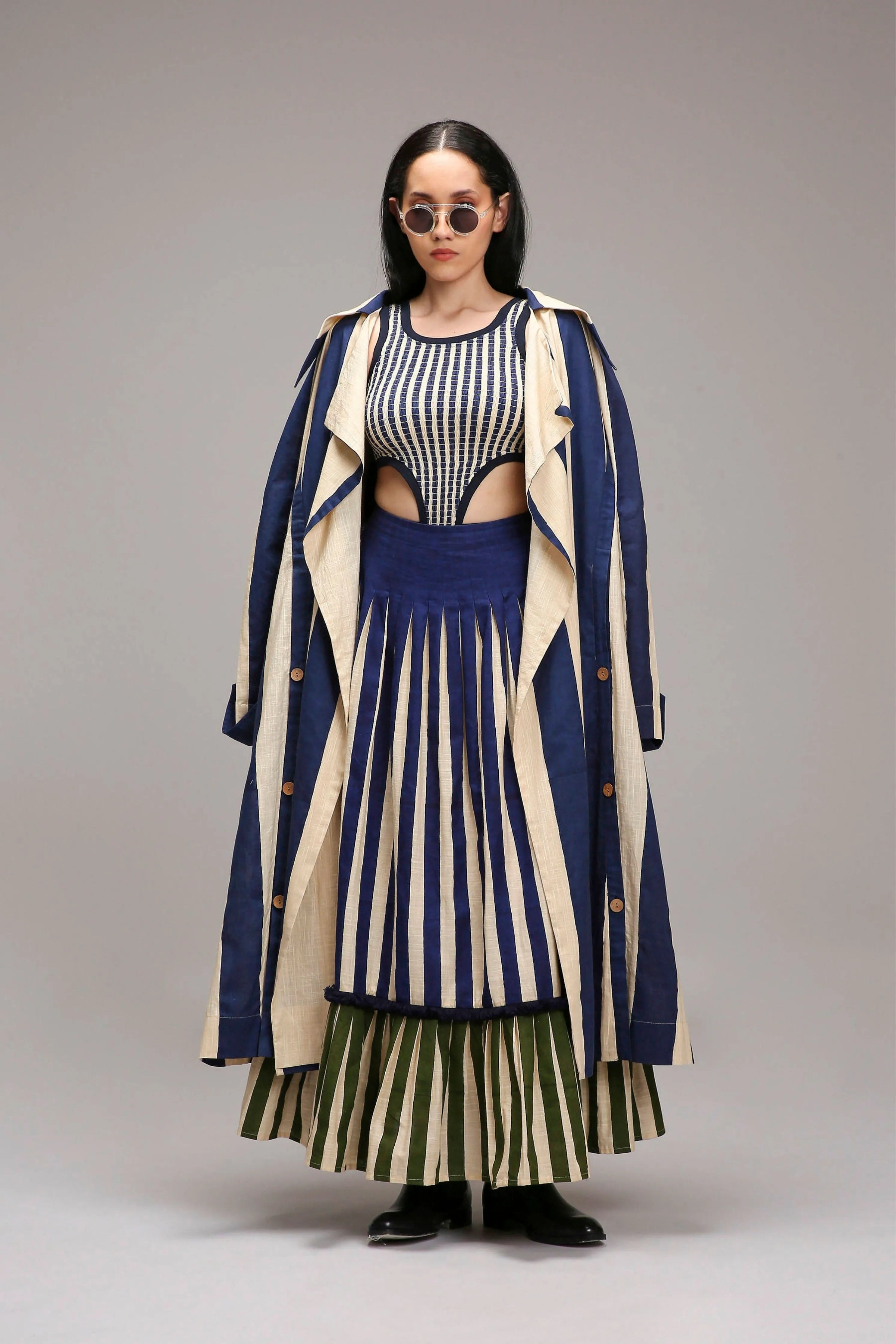 Egg-Shell Trench Bodysuit Dual Striped Skirt Set