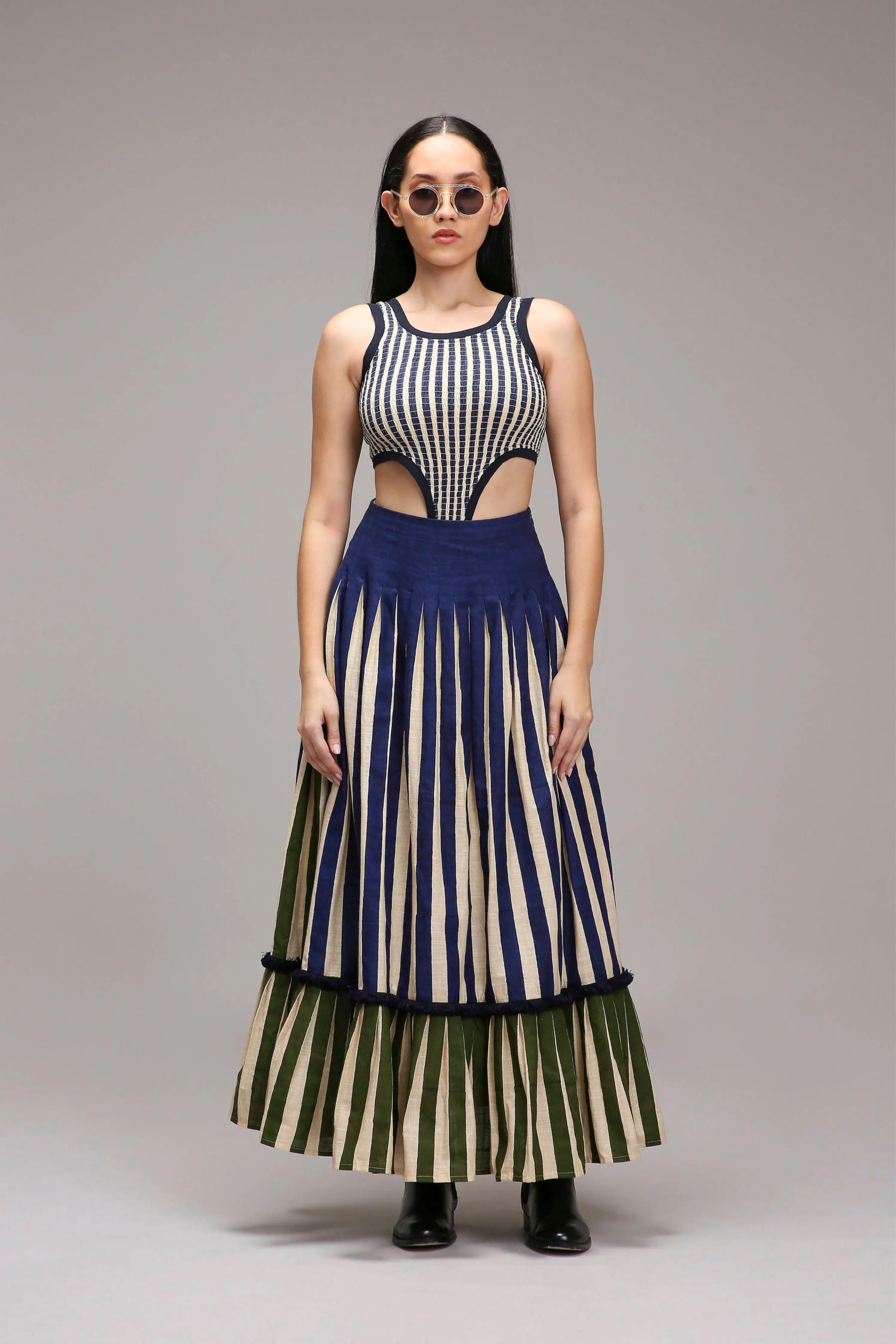 Egg-Shell Trench Bodysuit Dual Striped Skirt Set