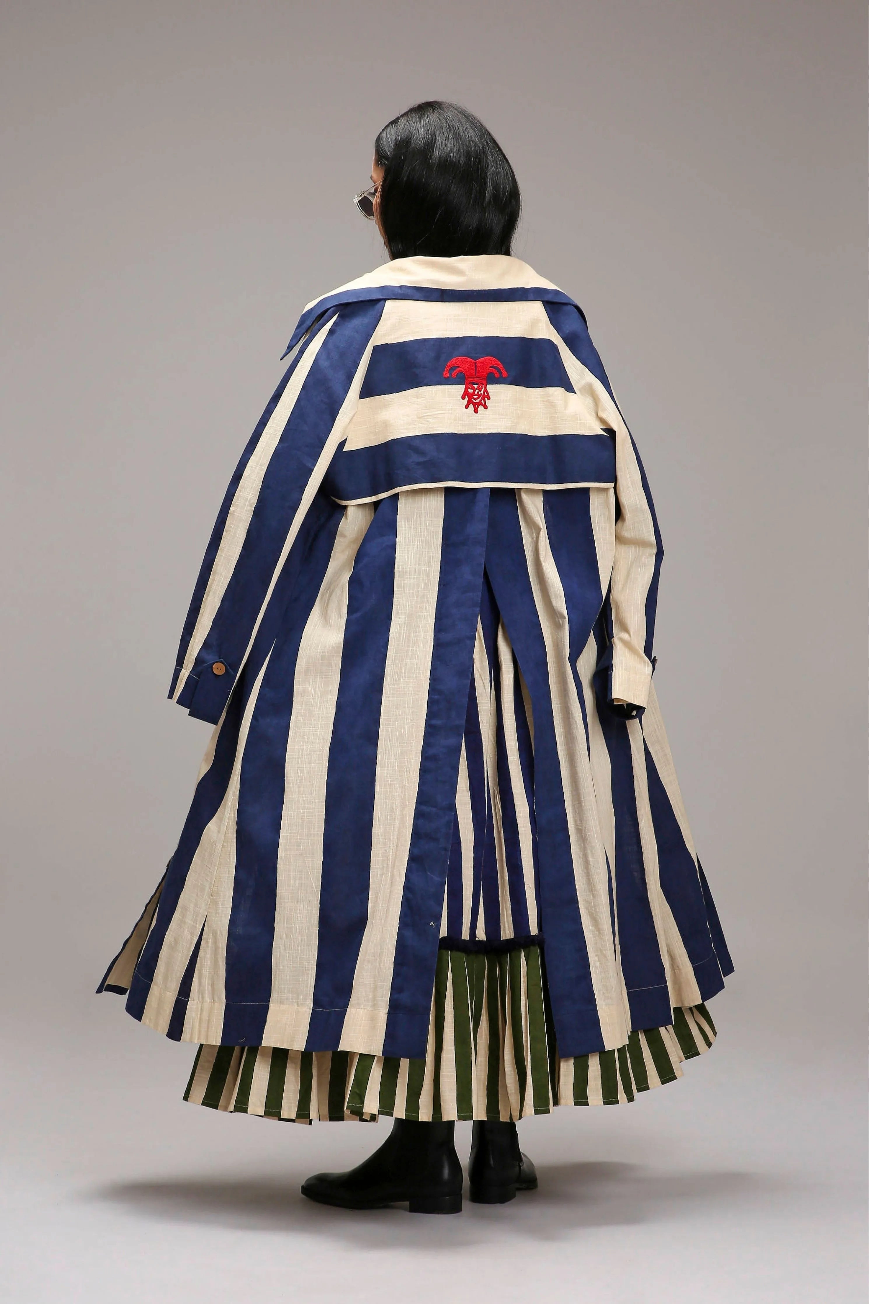 Egg-Shell Trench Bodysuit Dual Striped Skirt Set