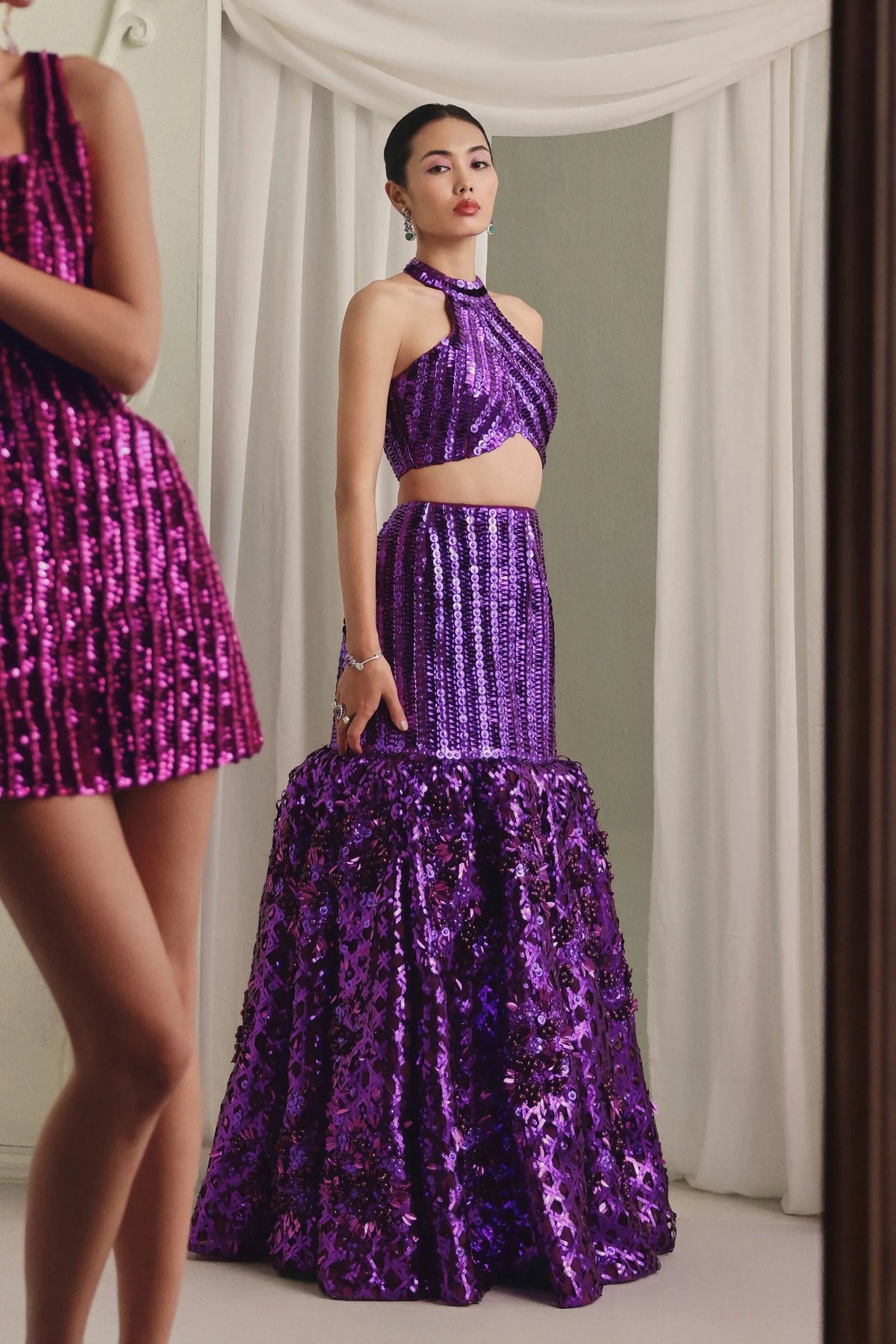 Purple Metallic Skirt Set