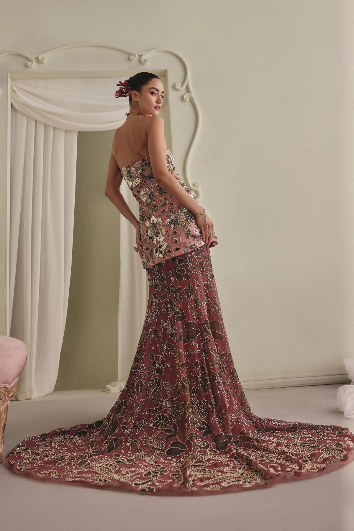 Dusky Pink Gown Skirt Set