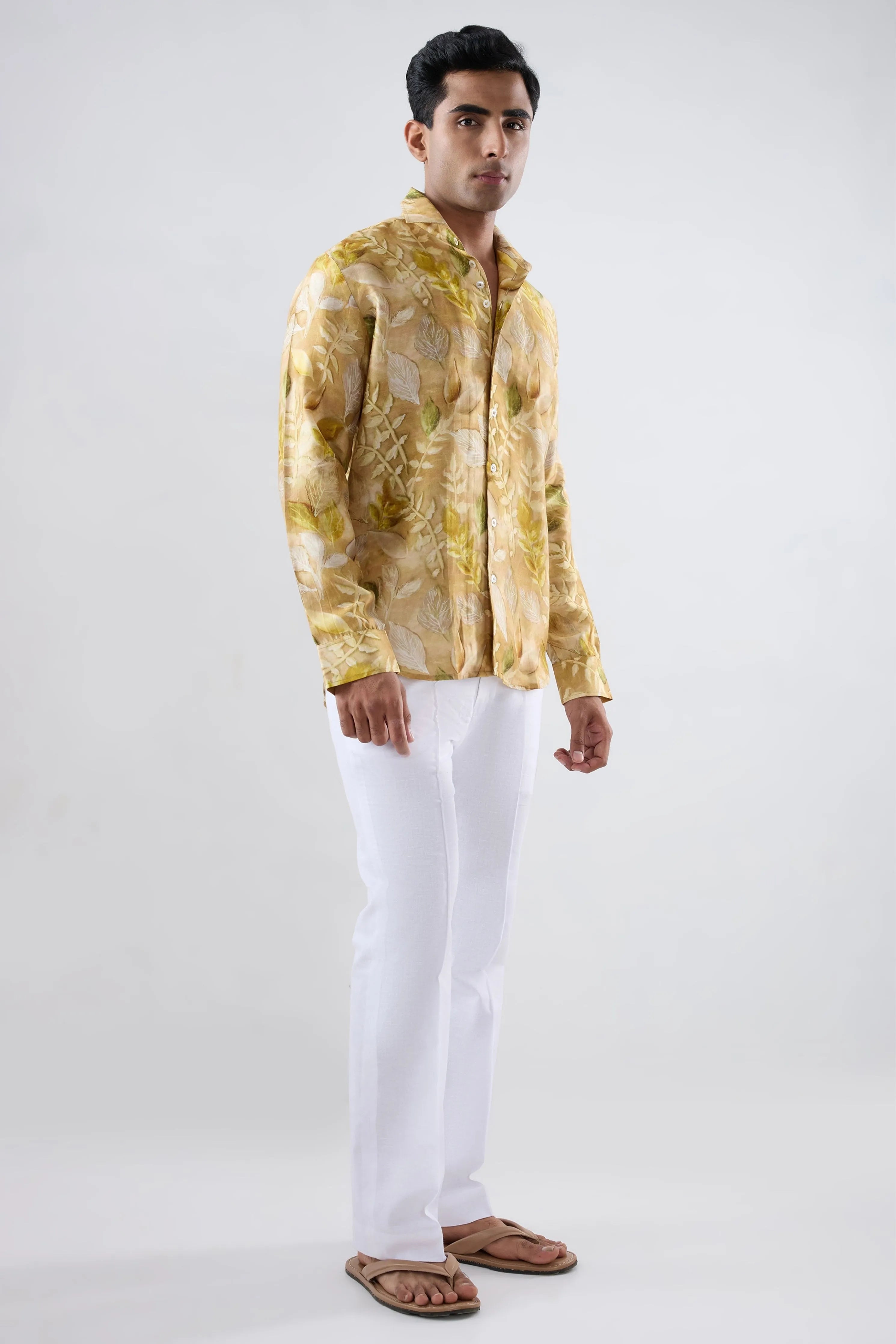 Yellow Leaf Ecoprint Cutback Collar Full-Sleeve Shirt