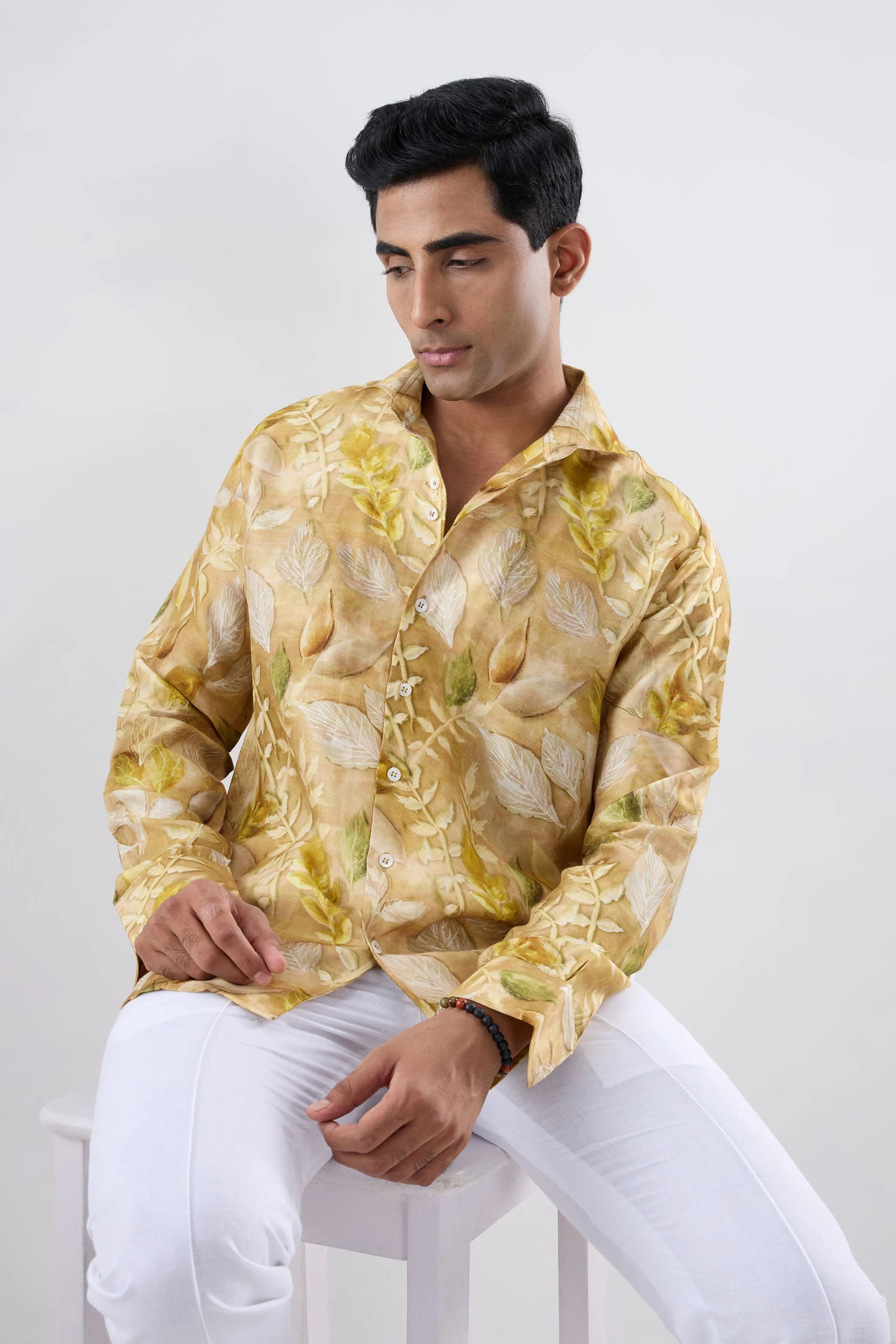 Yellow Leaf Ecoprint Cutback Collar Full-Sleeve Shirt