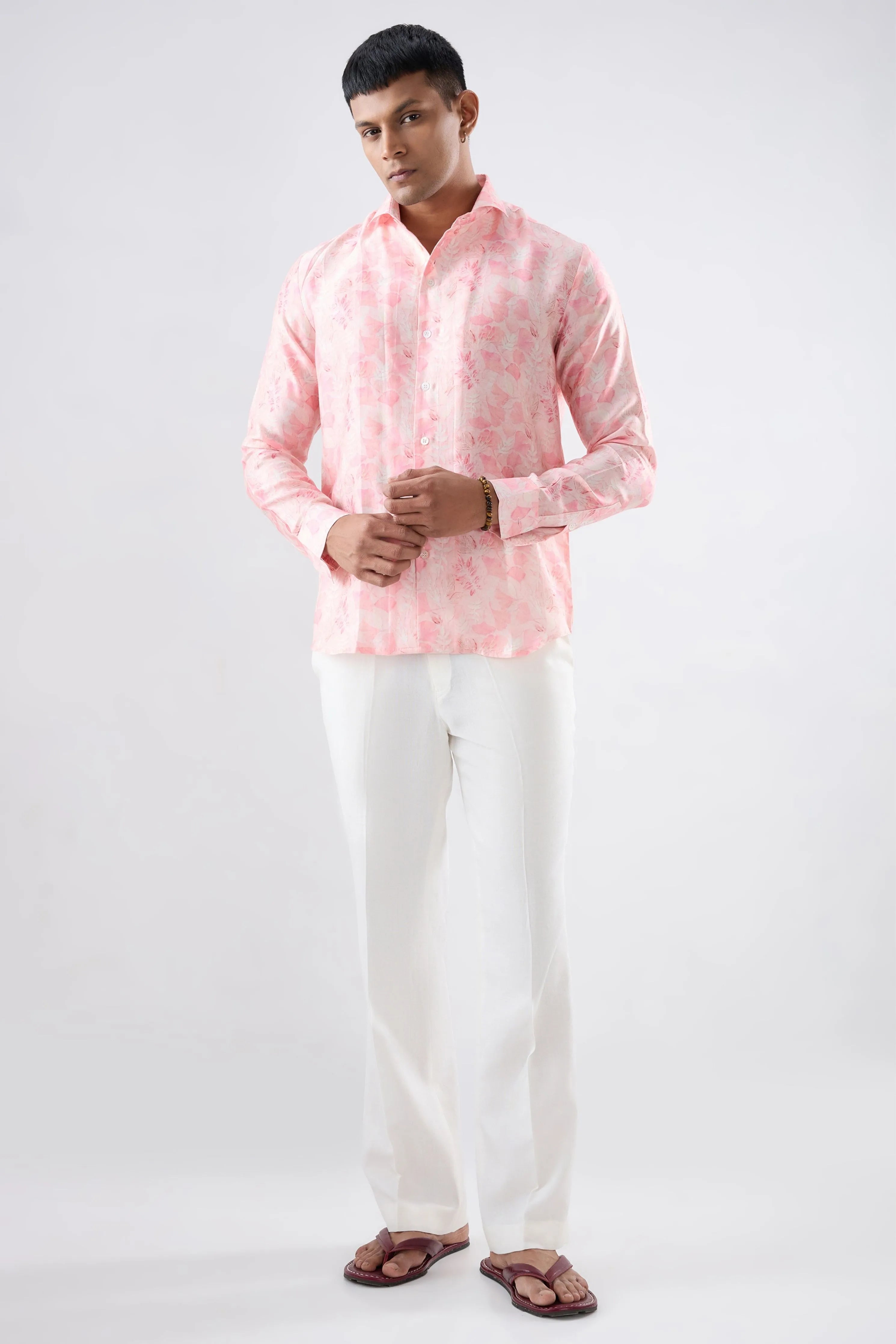 Pink Leaf Ecoprint Cutback Collar Full-Sleeve Shirt