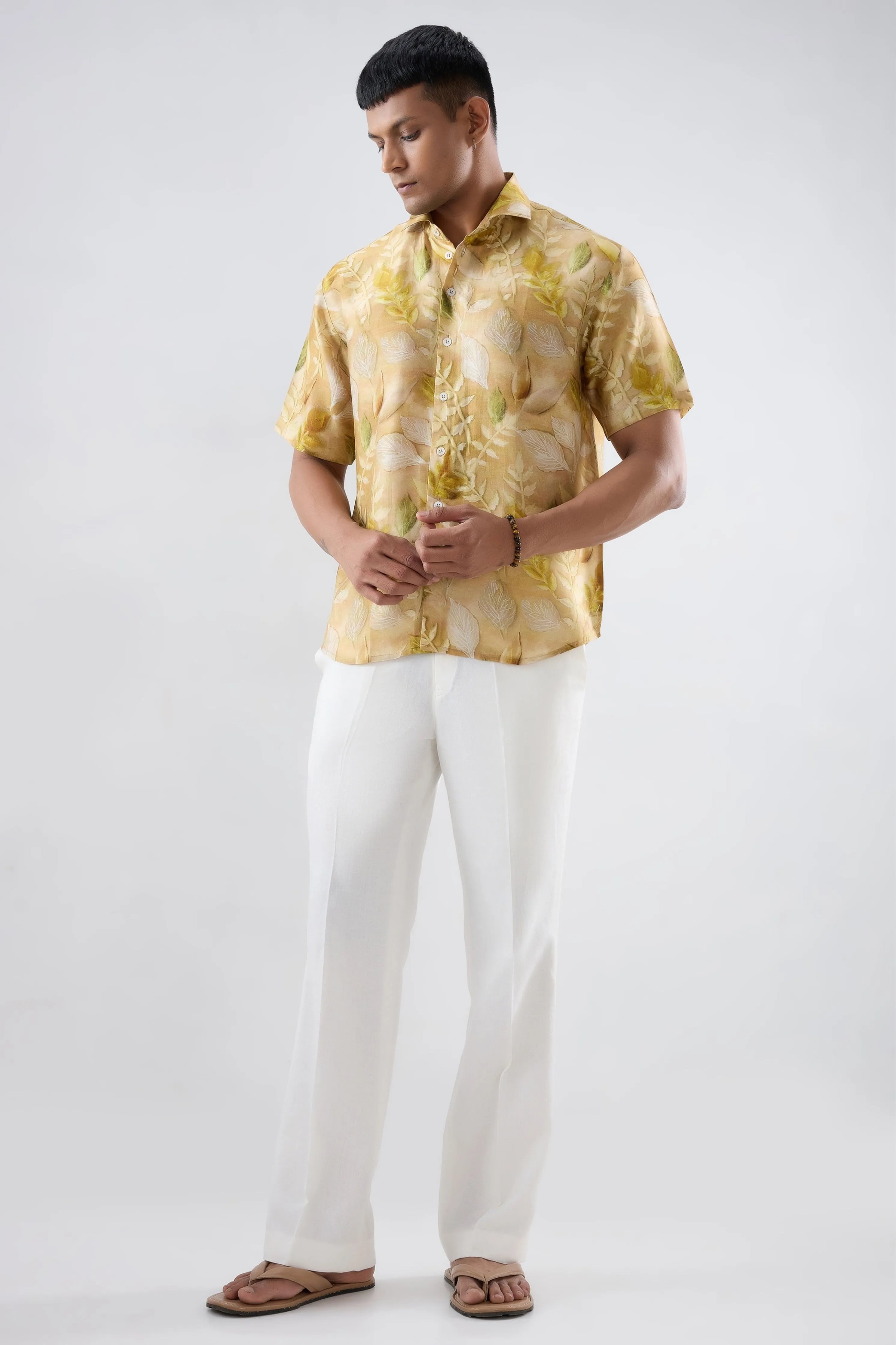 Yellow Leaf Ecoprint Cutback Collar Shirt