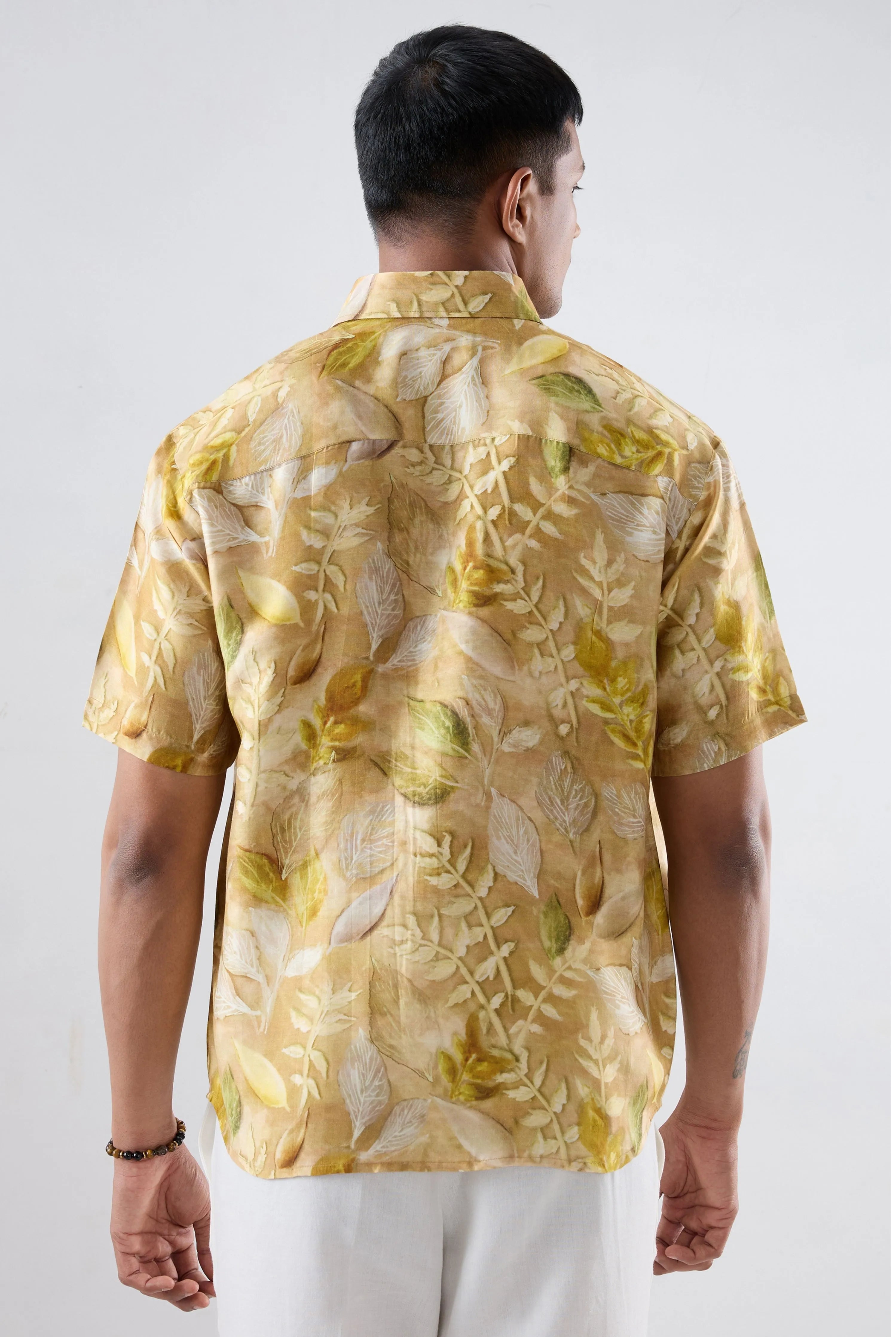 Yellow Leaf Ecoprint Cutback Collar Shirt