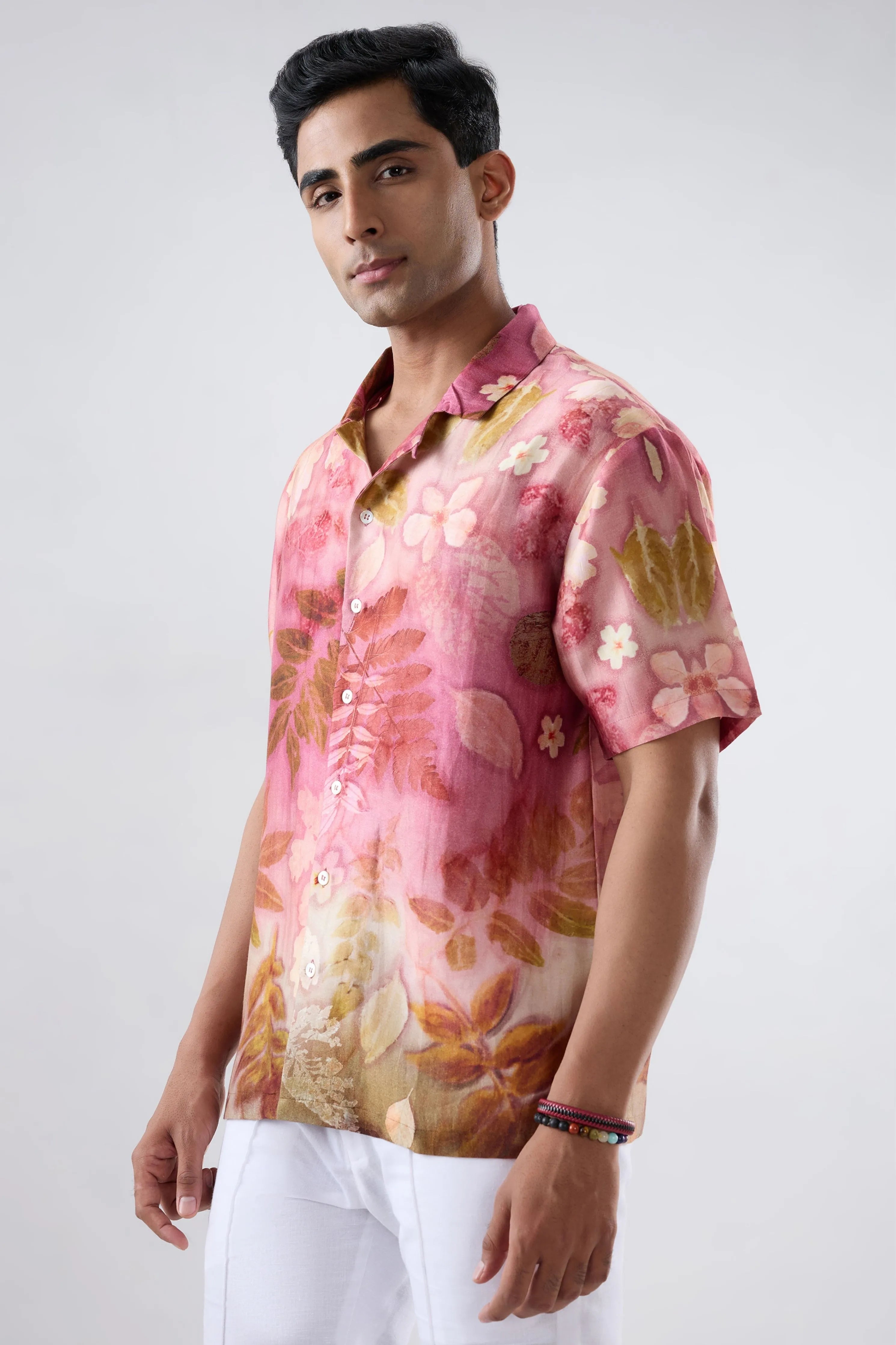 Pink Leaf Ecoprint Cutback Collar Shirt