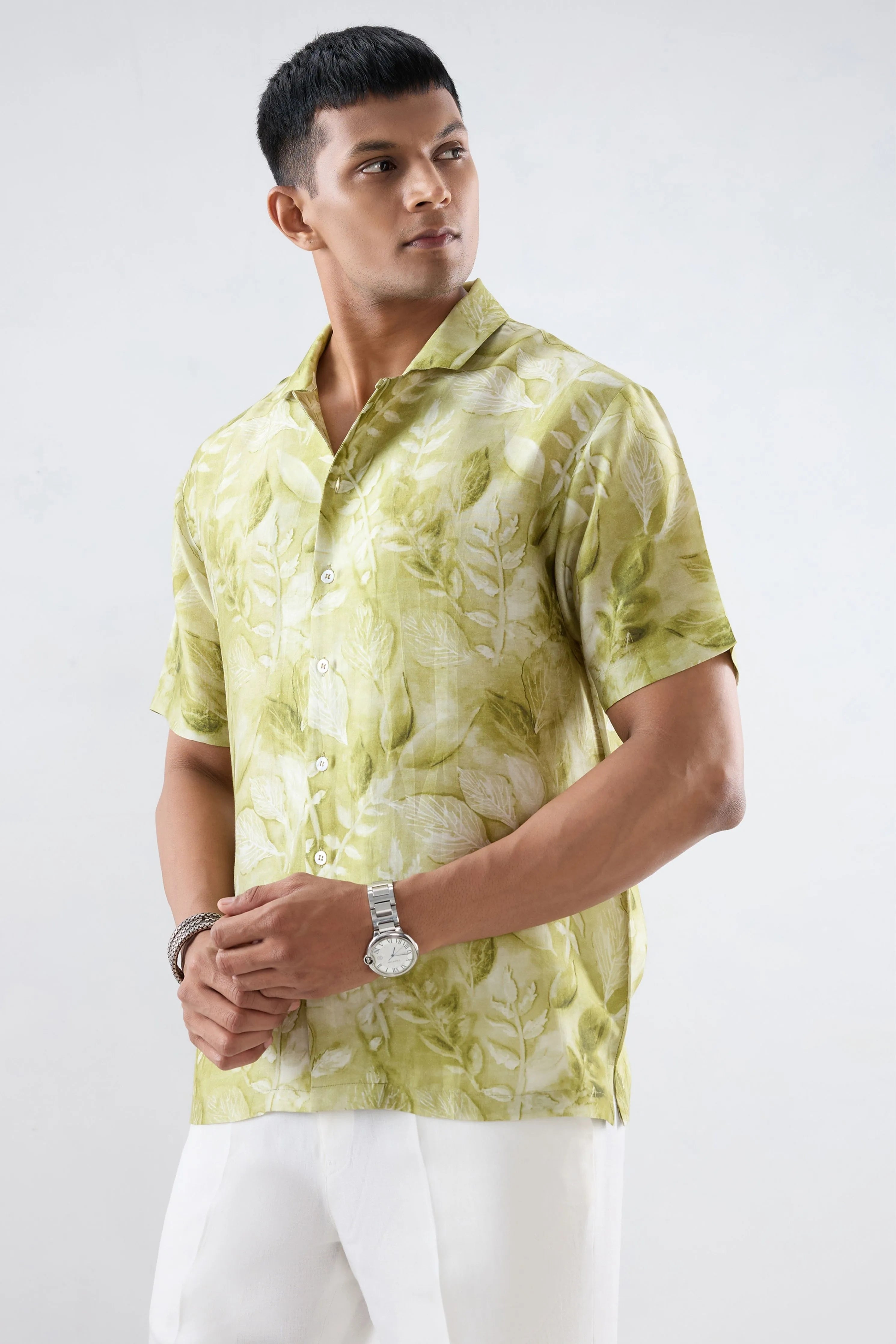 Green Leaf Ecoprint Cuban Collar Shirt