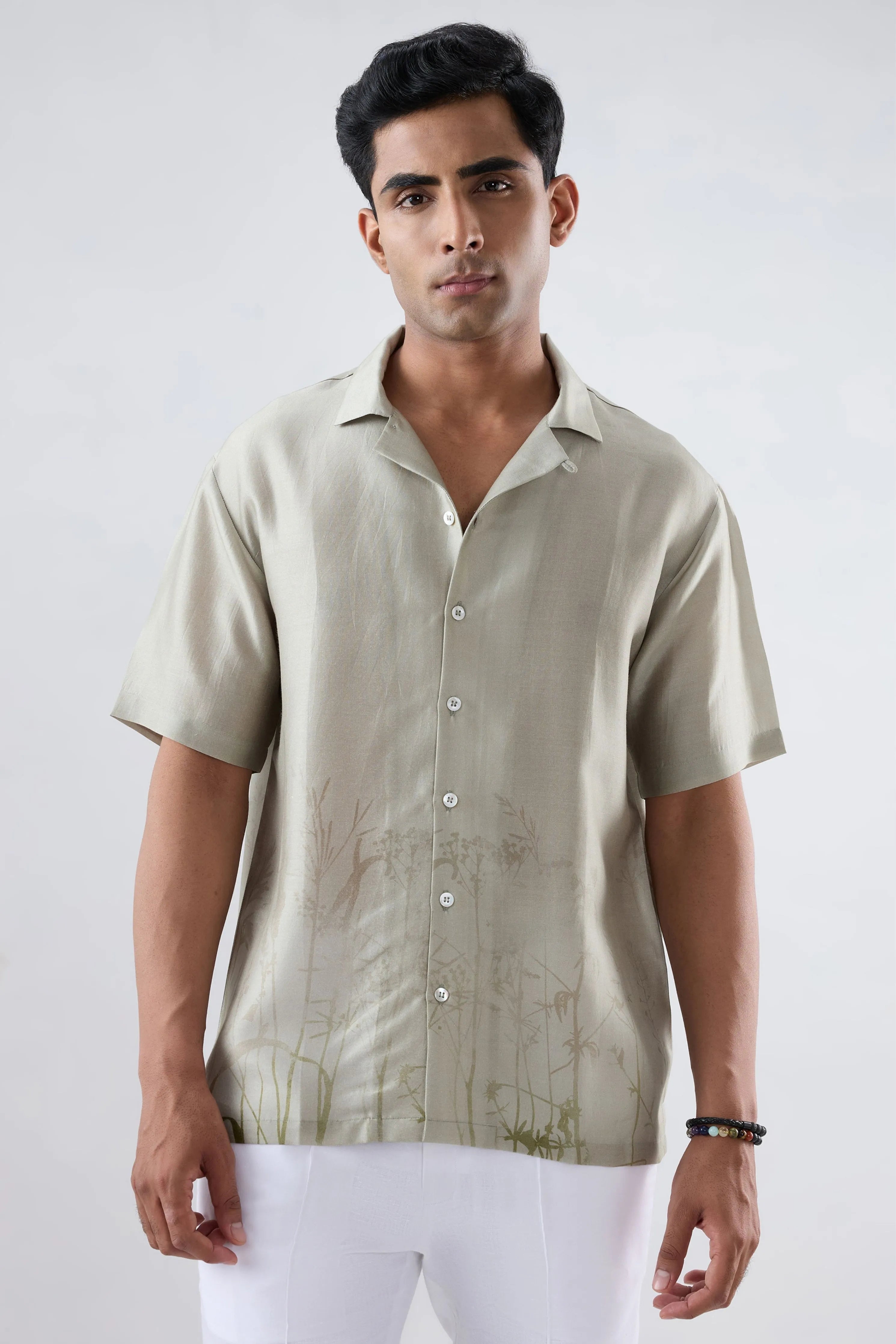 Grey Ecoprint Cuban Collar Shirt