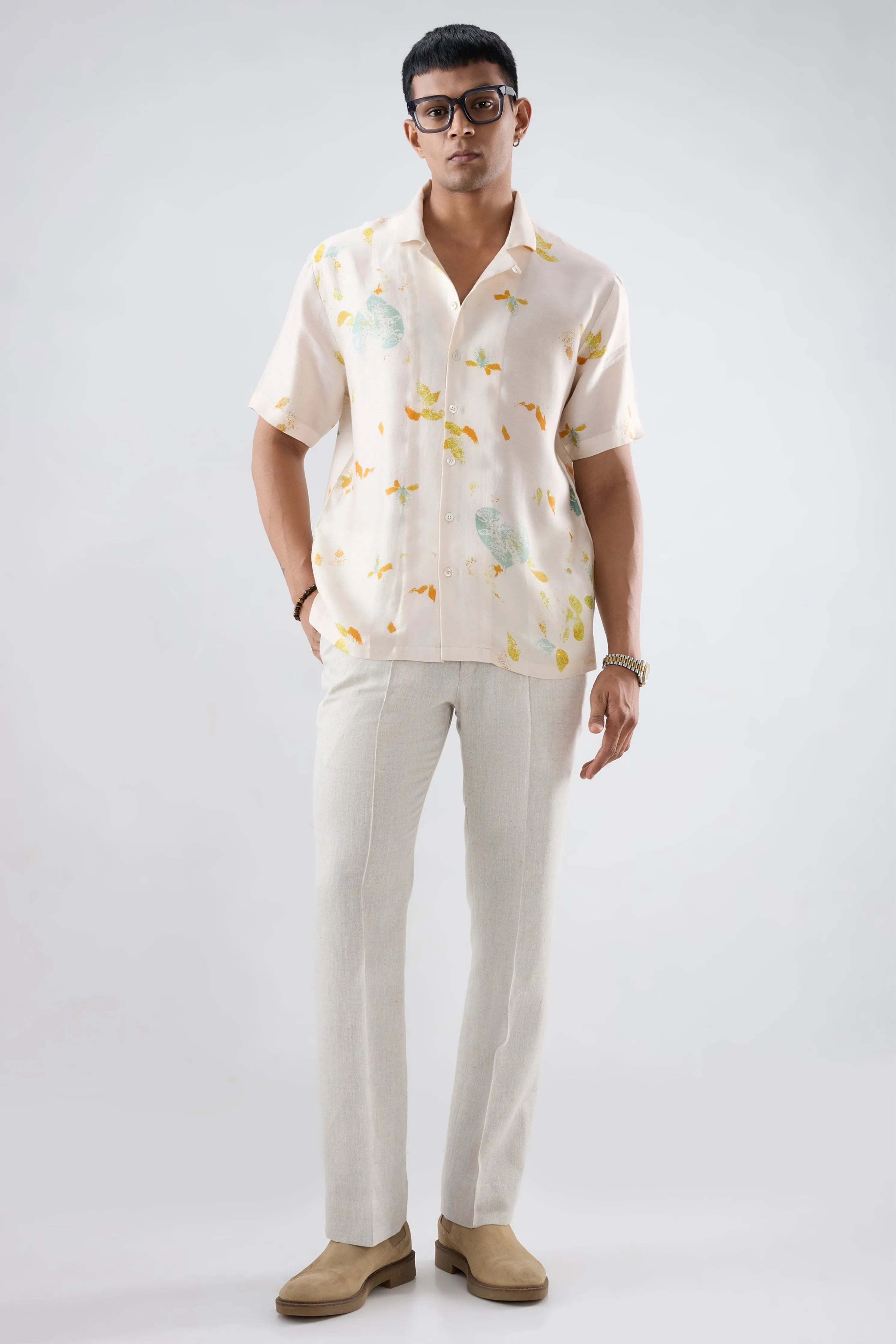 Ivory Abstract Ecoprint Cuban Collar Shirt