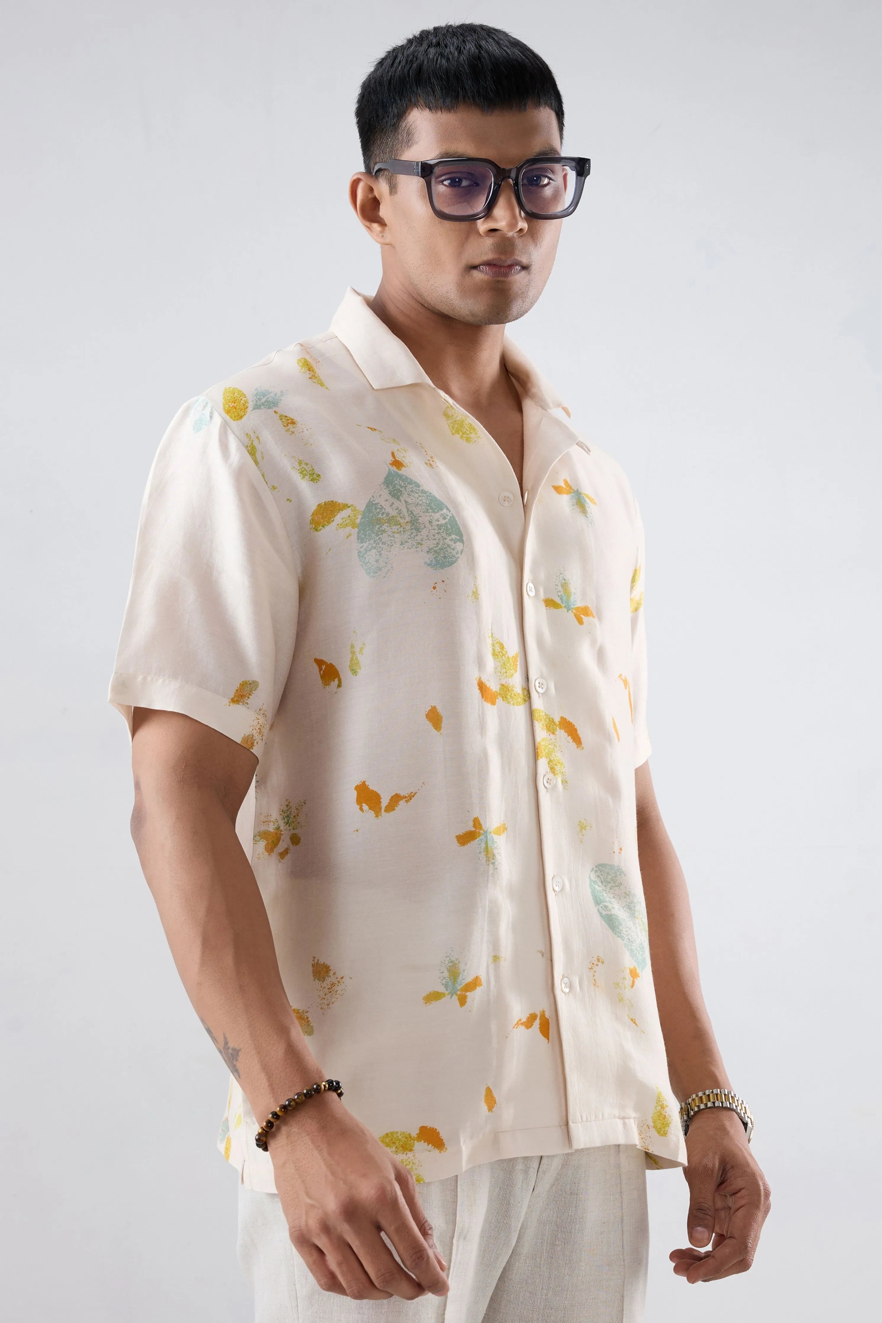 Ivory Abstract Ecoprint Cuban Collar Shirt