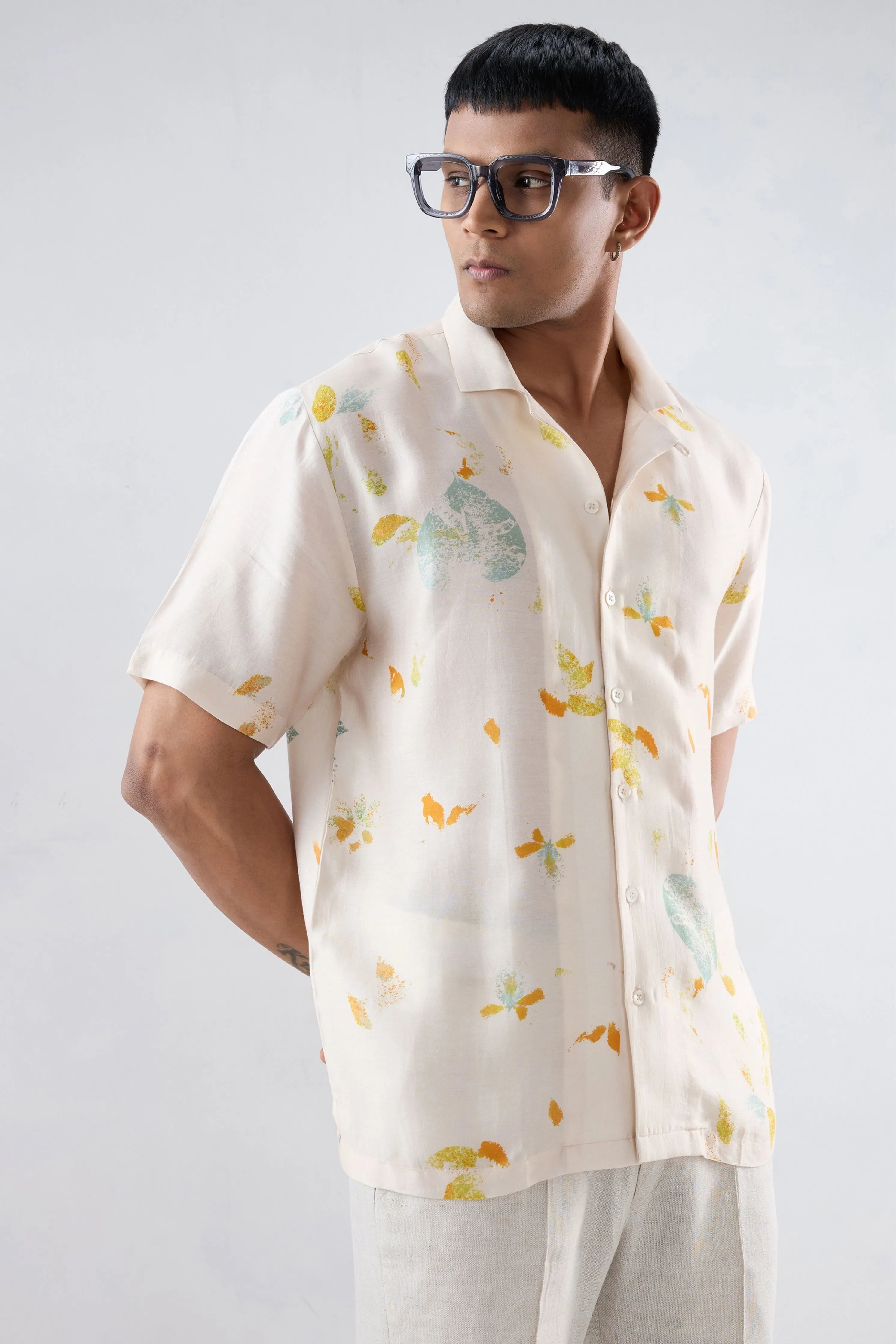 Ivory Abstract Ecoprint Cuban Collar Shirt