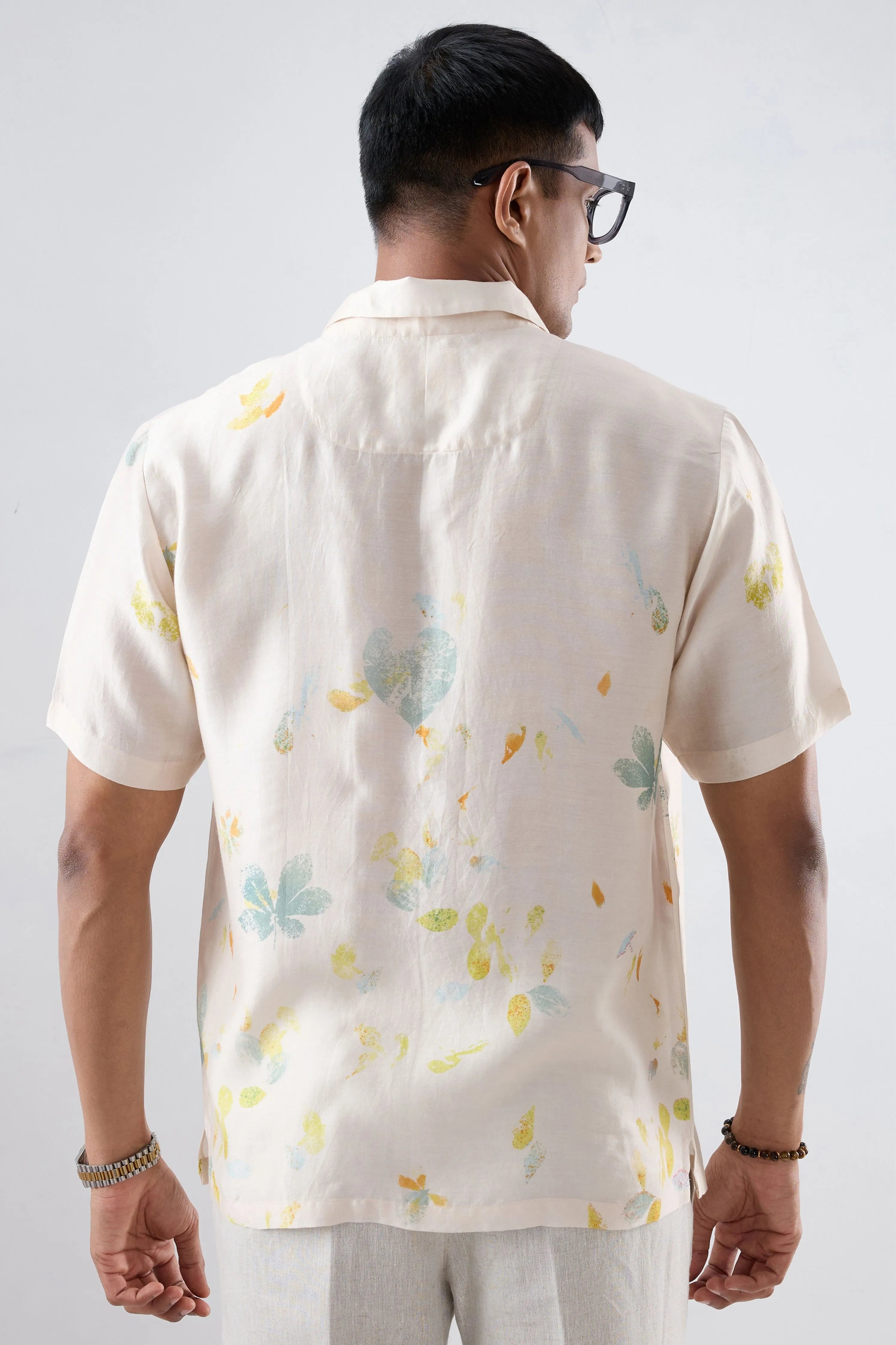 Ivory Abstract Ecoprint Cuban Collar Shirt