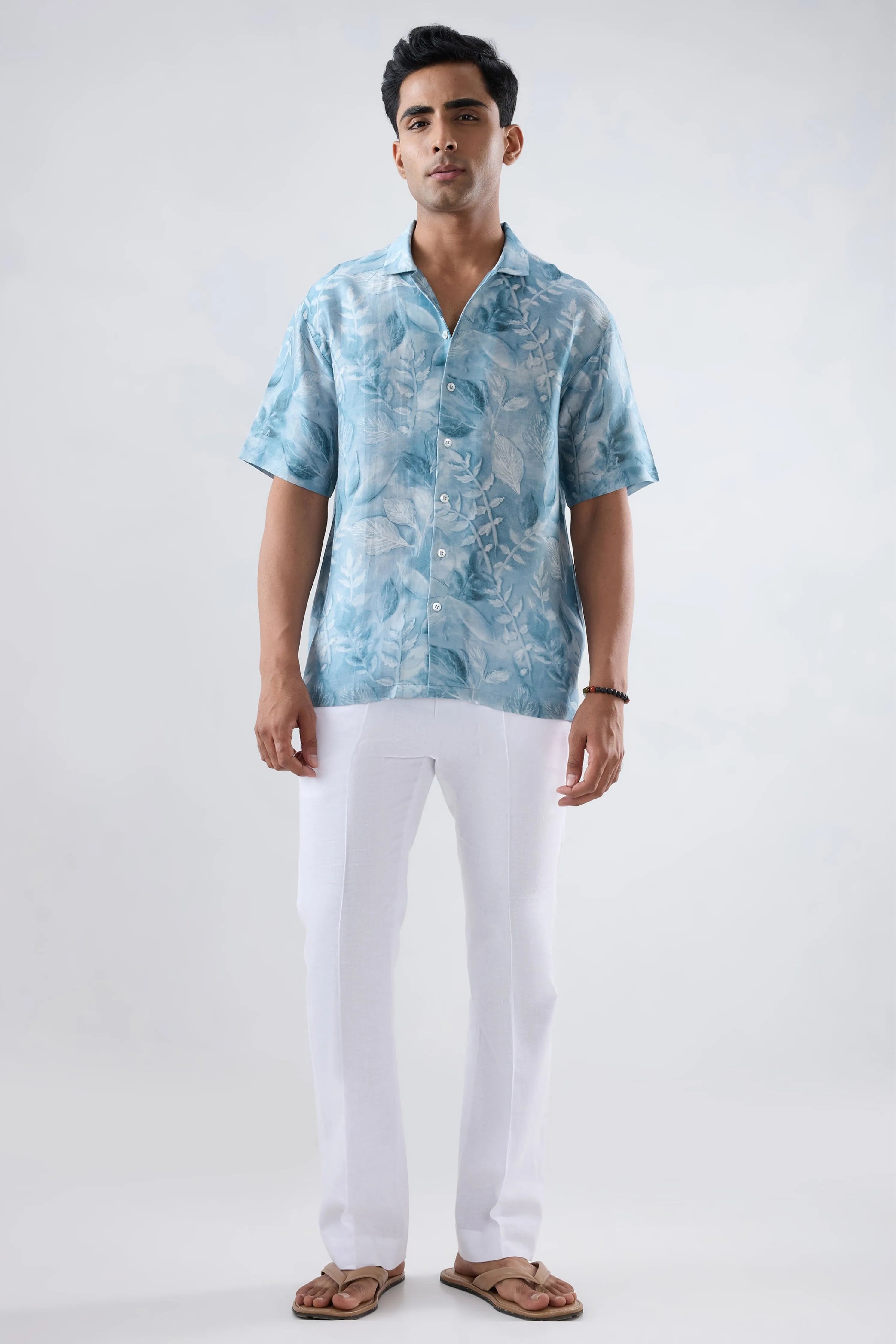 Light Blue leaf Ecoprint Cuban Collar Shirt