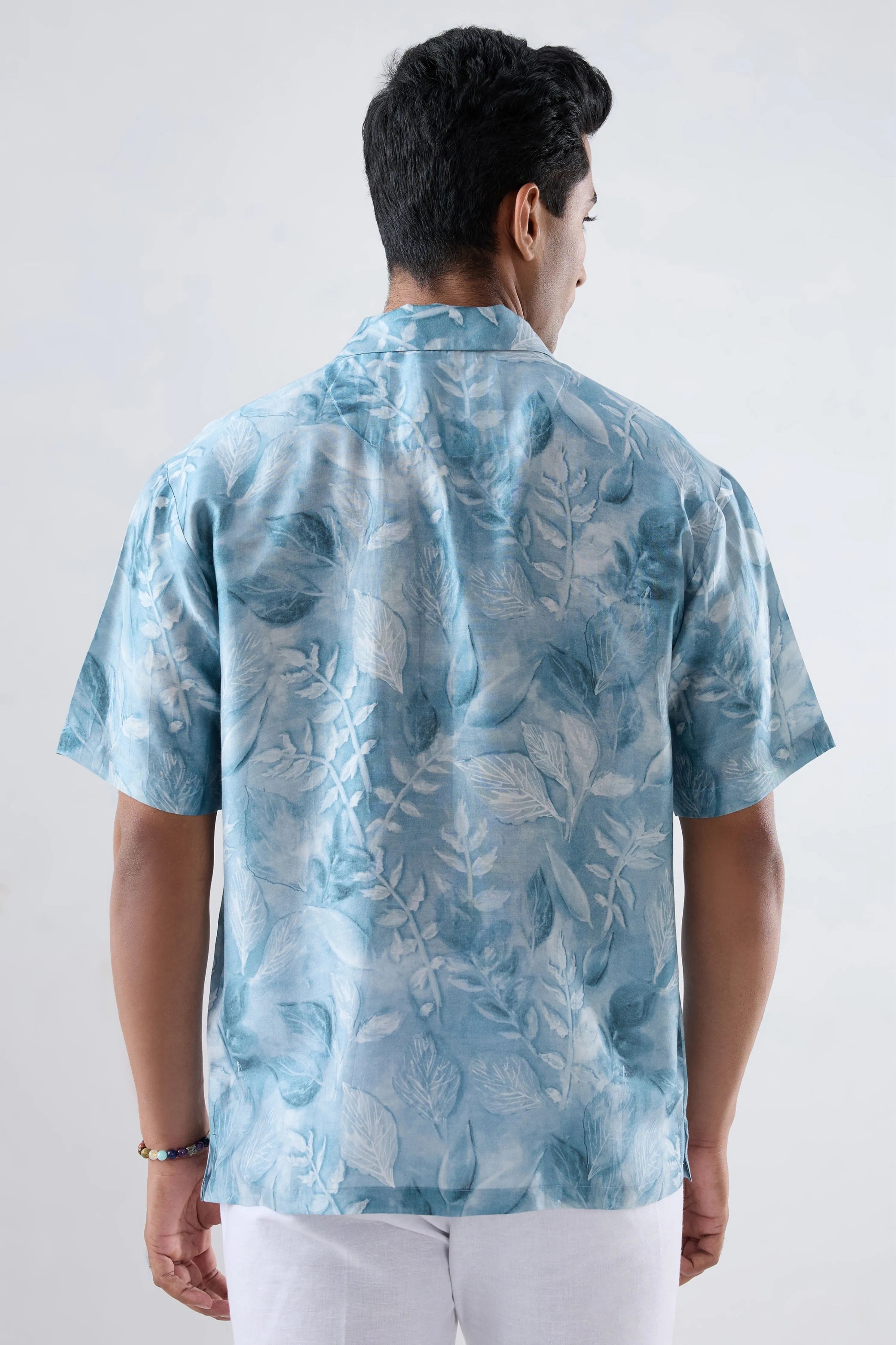Light Blue leaf Ecoprint Cuban Collar Shirt
