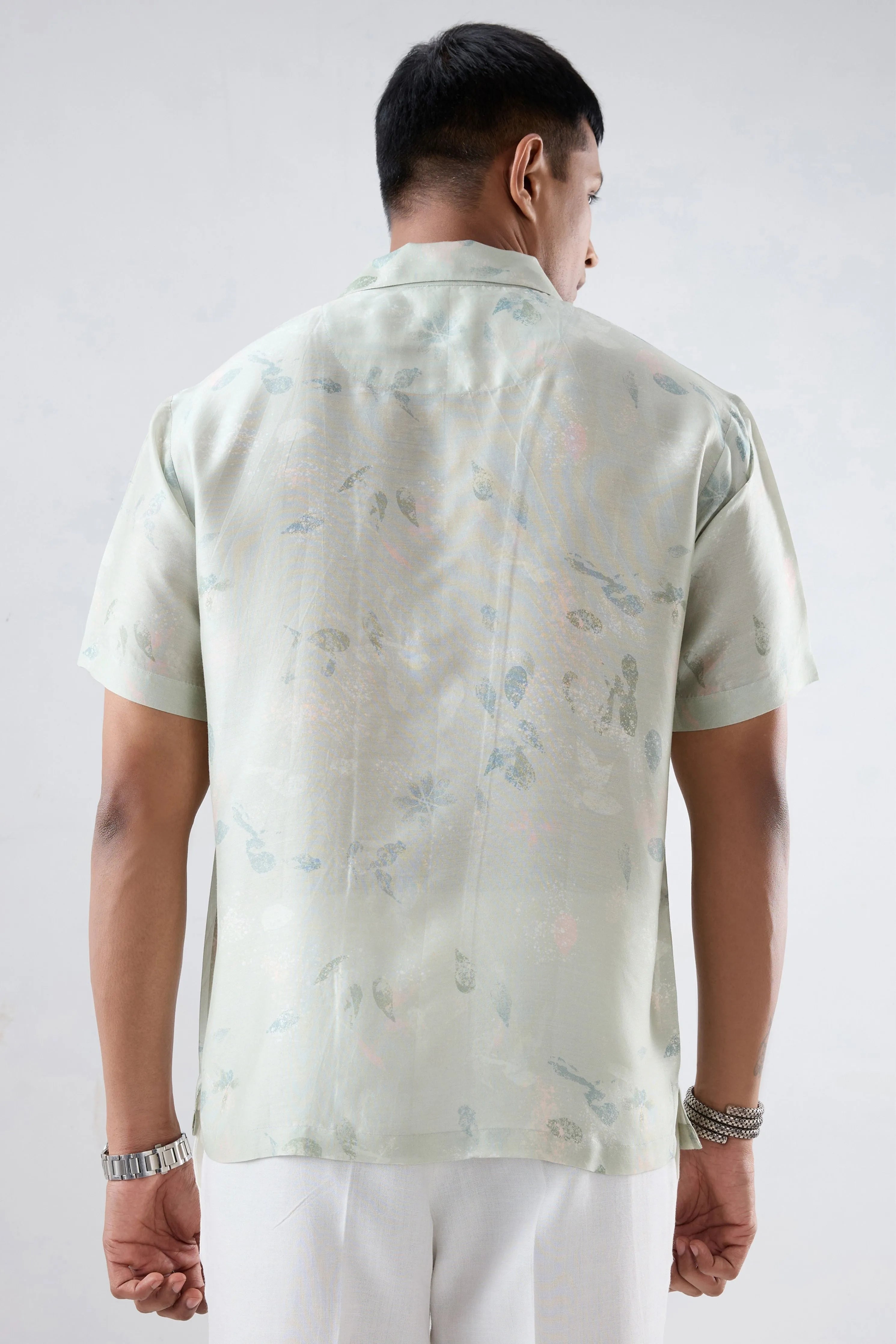 Mint Green Abstract Ecoprint Cuban Collar Shirt