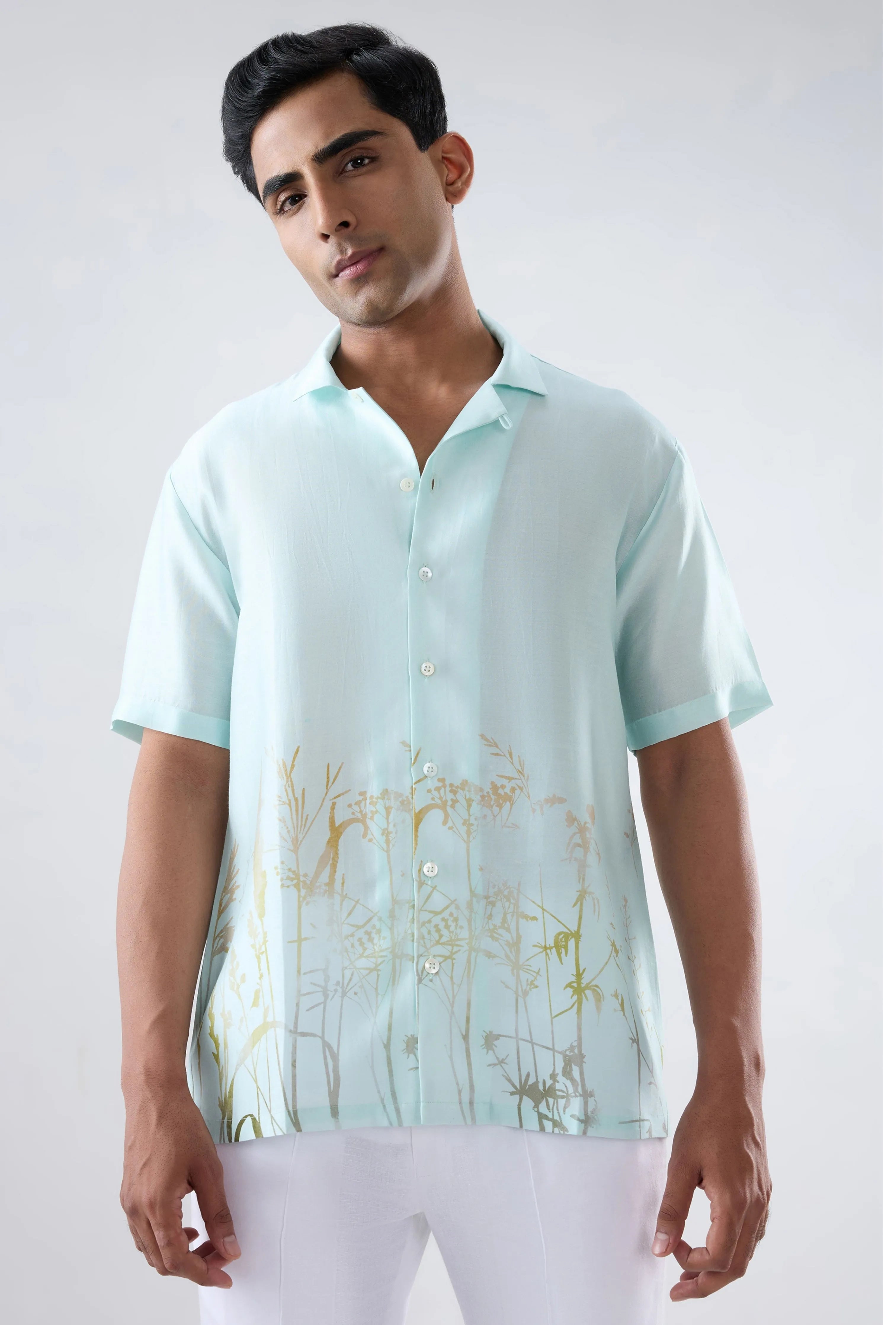Sky Blue Ecoprint Cuban Collar Shirt