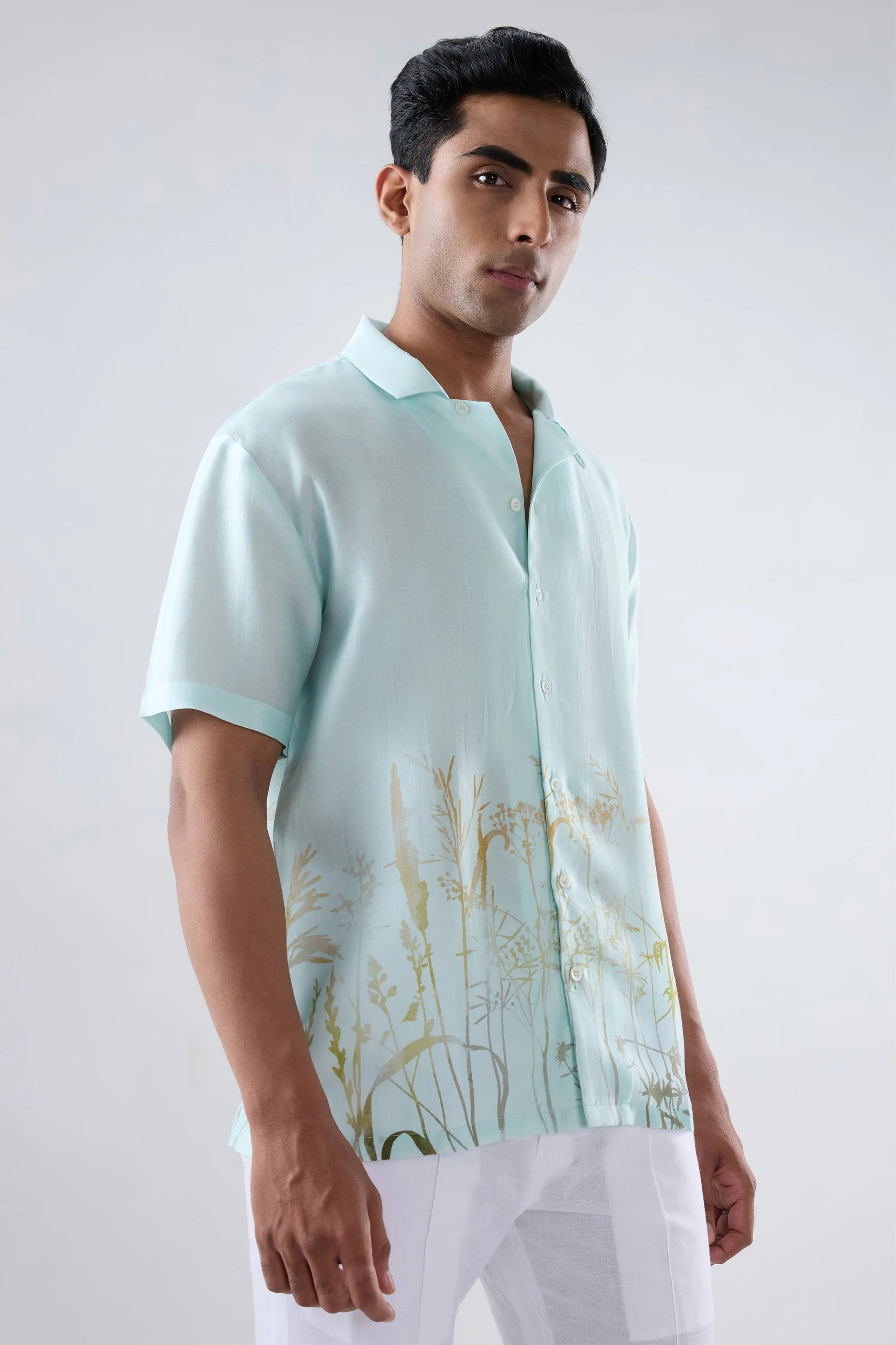 Sky Blue Ecoprint Cuban Collar Shirt