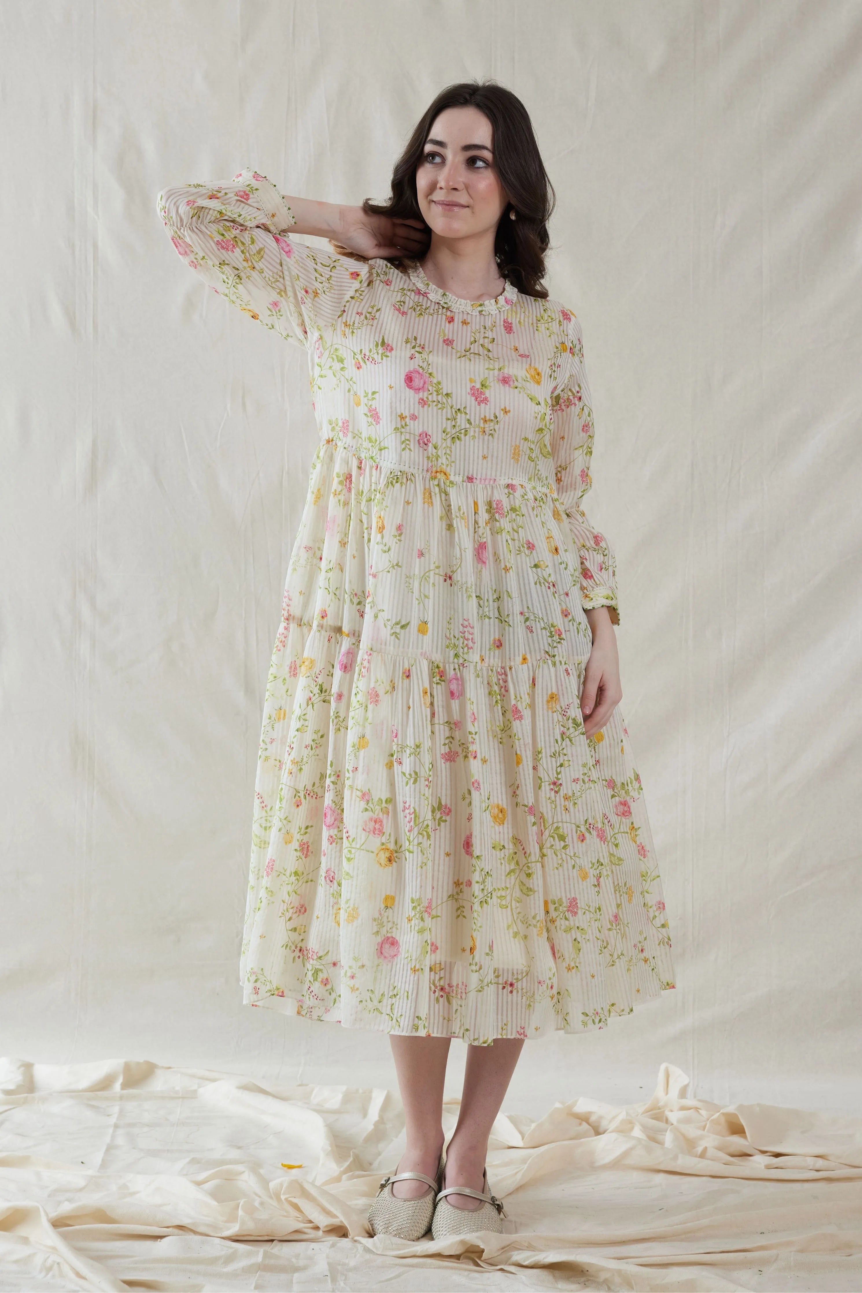 Pink Floral Hand Woven Cotton Silk Dress